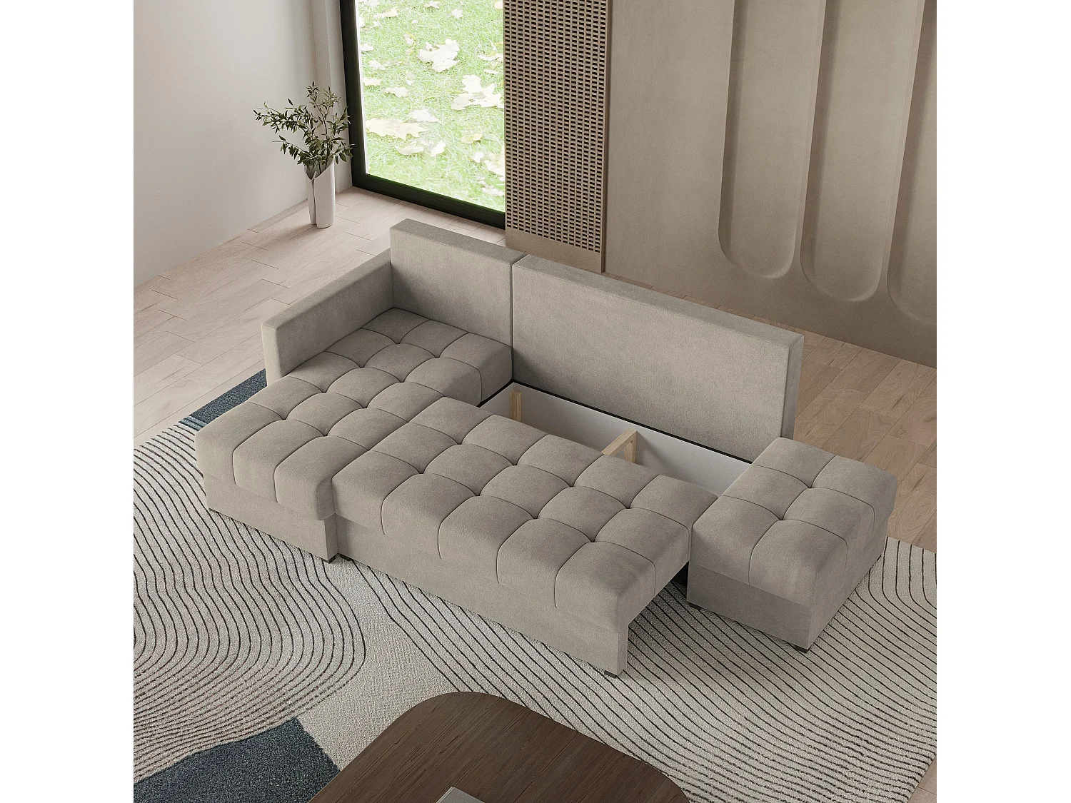Canapé d'angle LUMARI en velours avec fonction couchage Beige