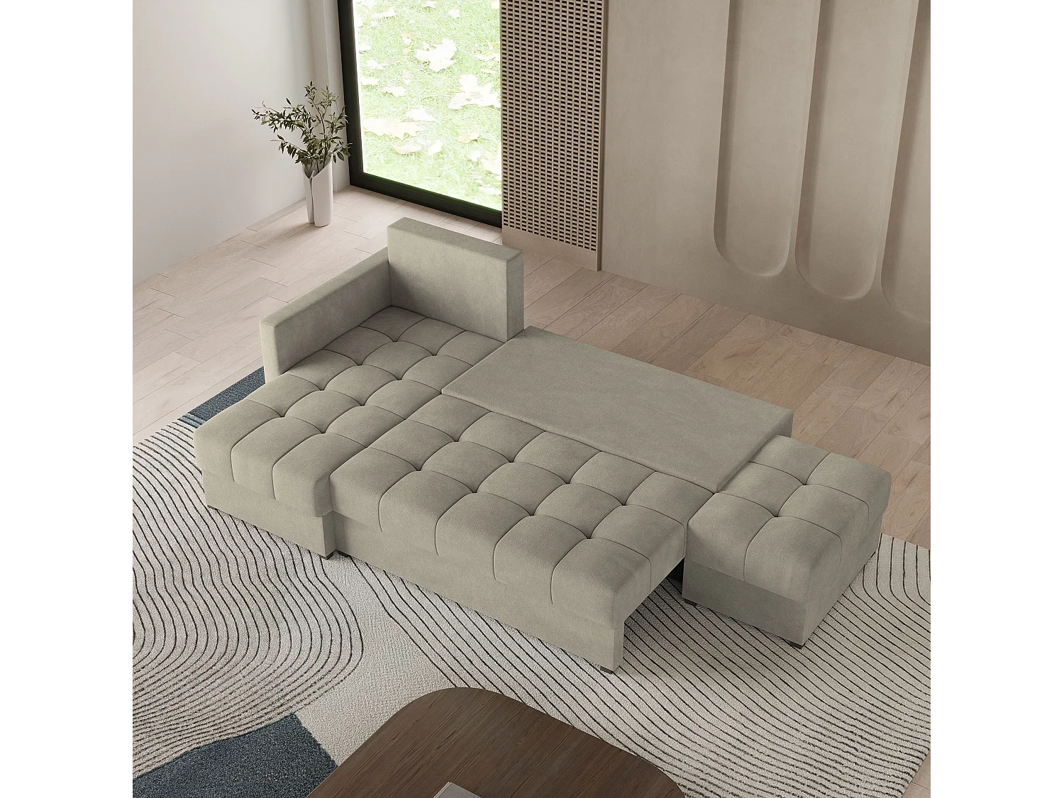 Canapé d'angle LUMARI en velours avec fonction couchage Beige