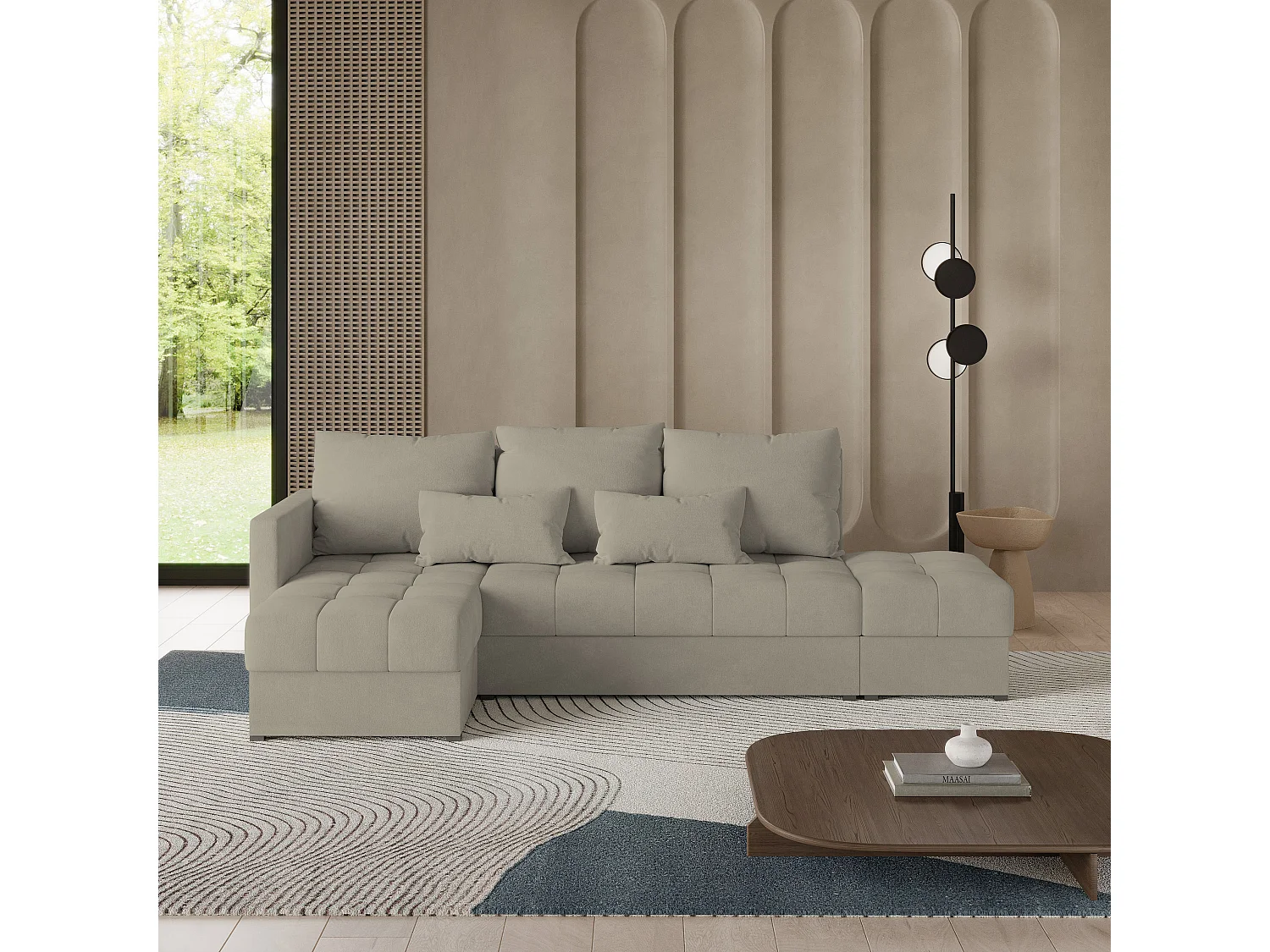 Canapé d'angle LUMARI en velours avec fonction couchage Beige