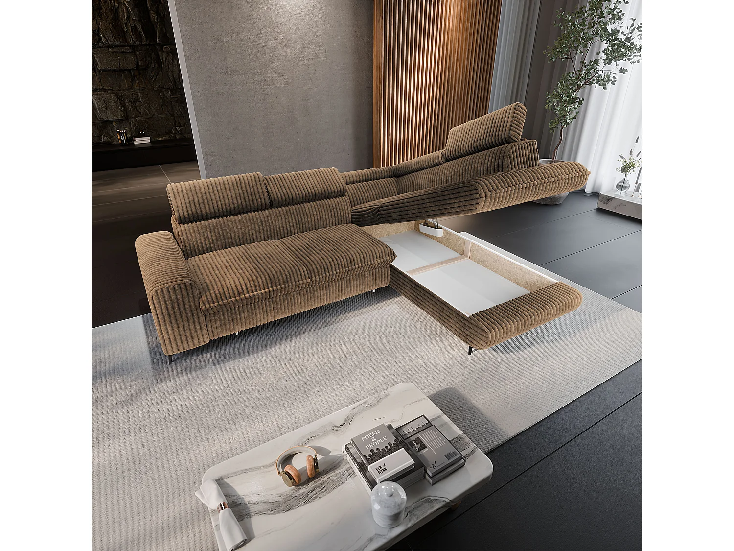 Hoekbank VELISS van fluweel met slaapfunctie Beige