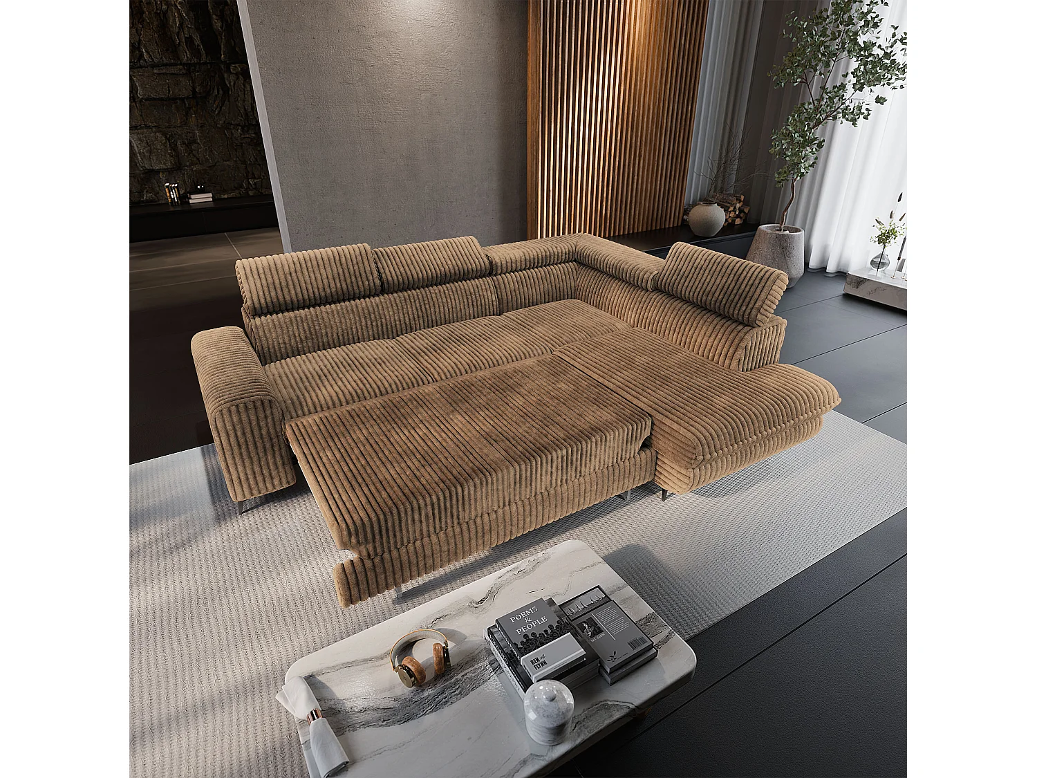 Hoekbank VELISS van fluweel met slaapfunctie Beige