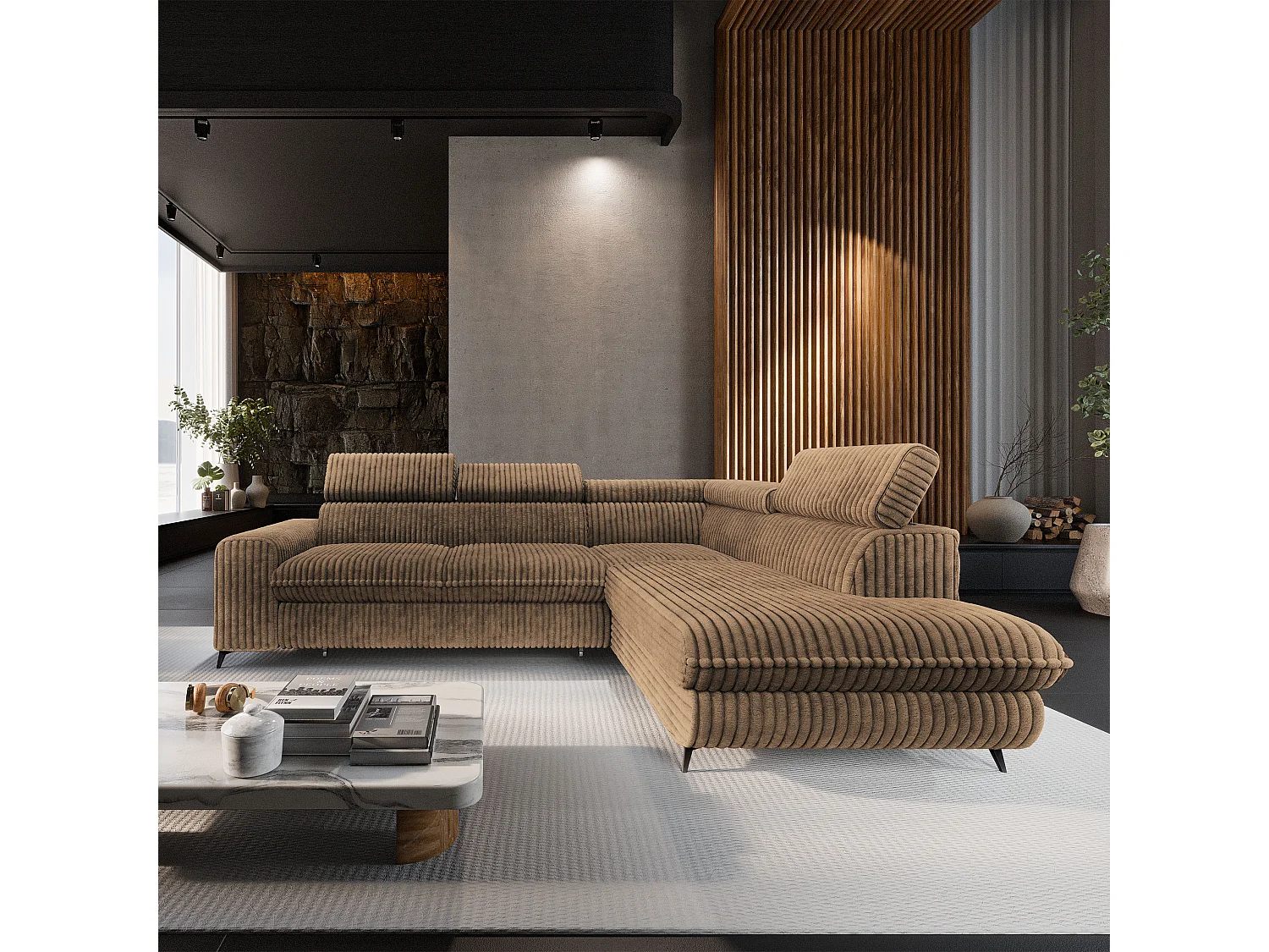 Hoekbank VELISS van fluweel met slaapfunctie Beige