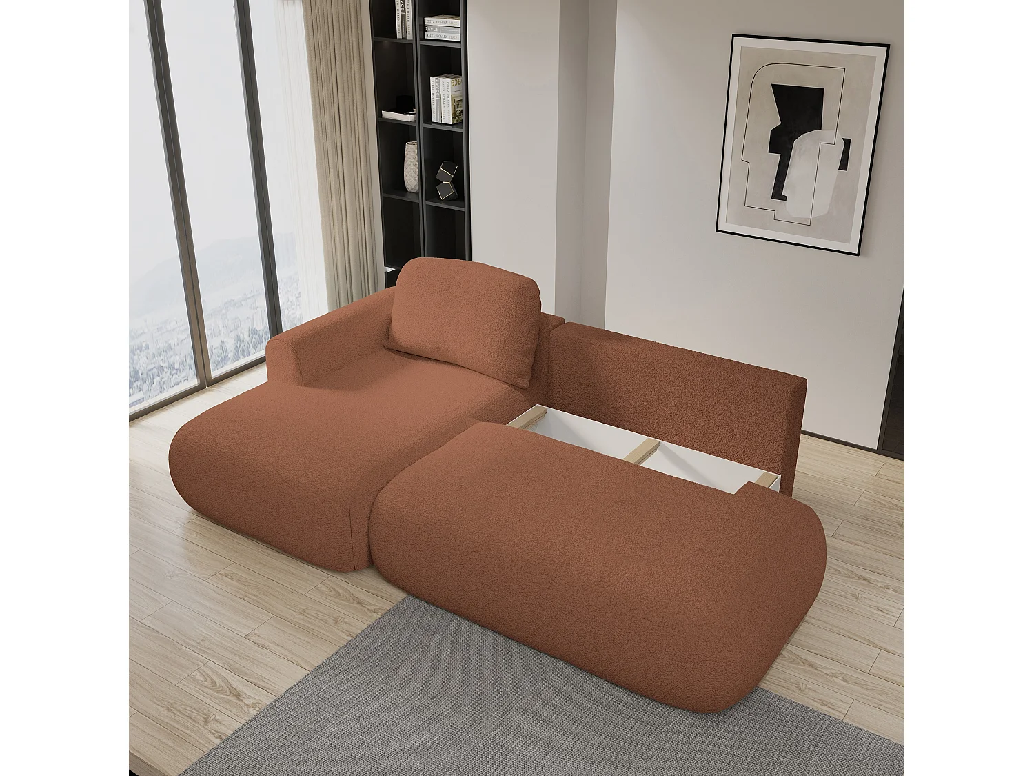 Canapé d'angle NUVIRA en velours avec fonction couchage Orange