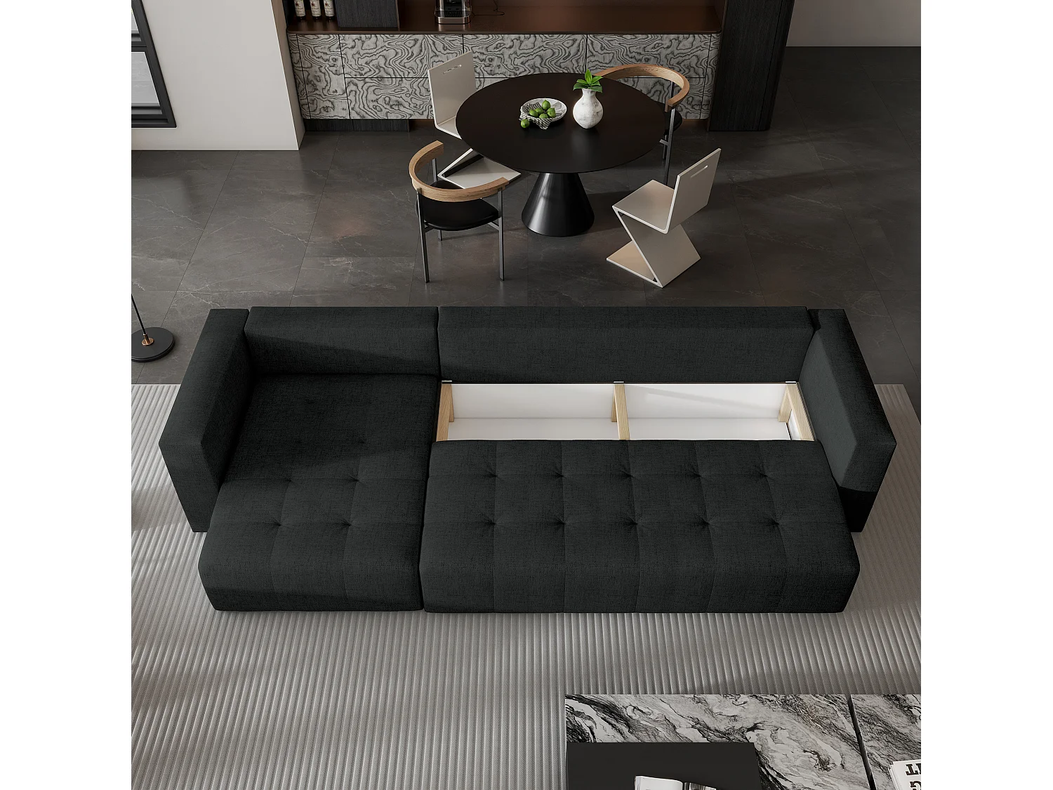 Canapé d'angle OLVERA en velours avec fonction couchage Noir
