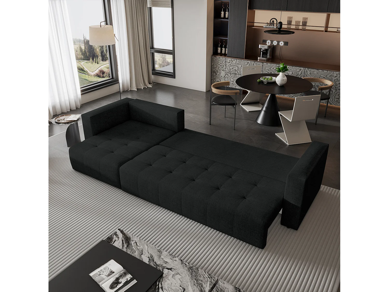 Canapé d'angle OLVERA en velours avec fonction couchage Noir