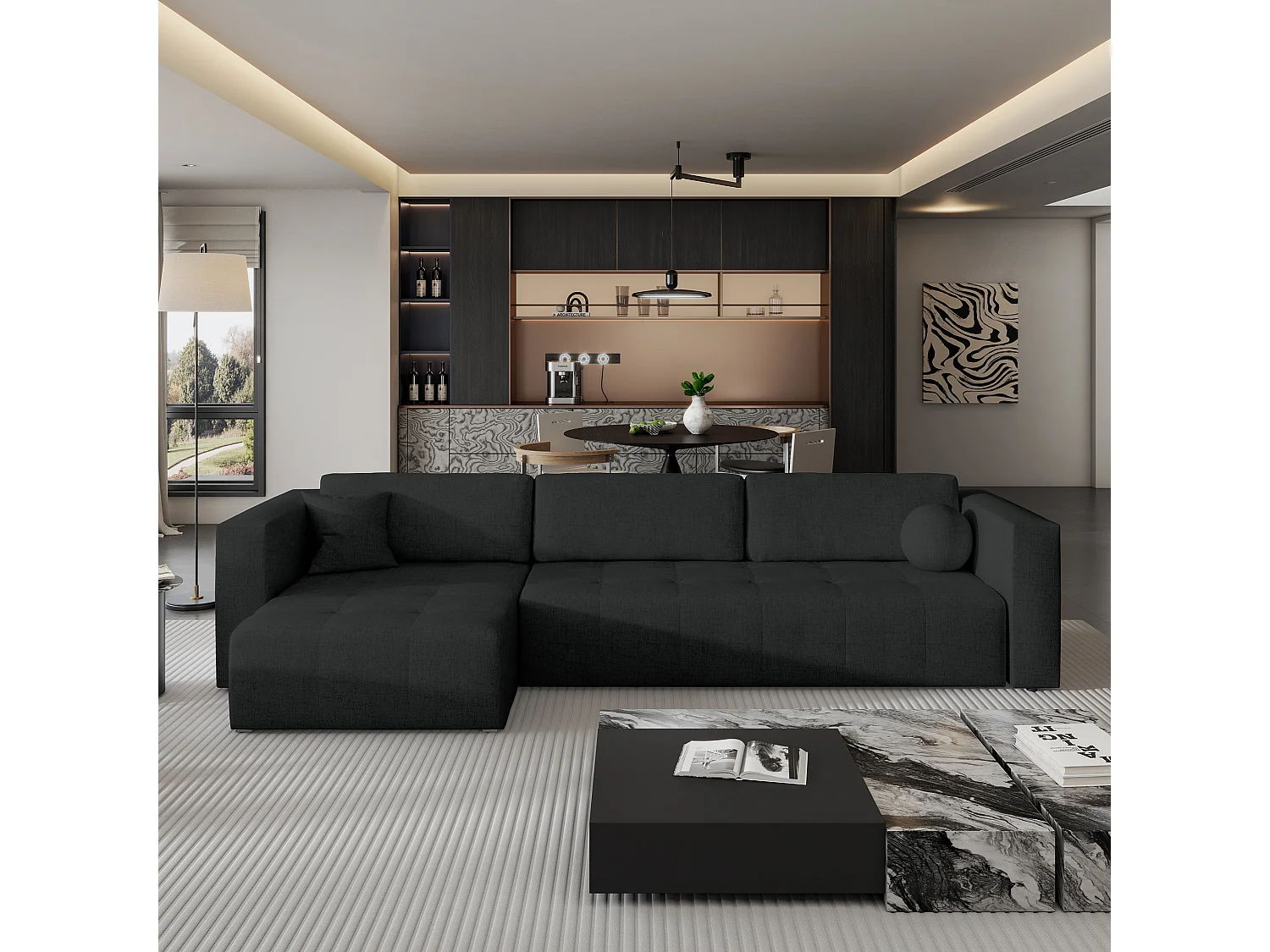 Canapé d'angle OLVERA en velours avec fonction couchage Noir