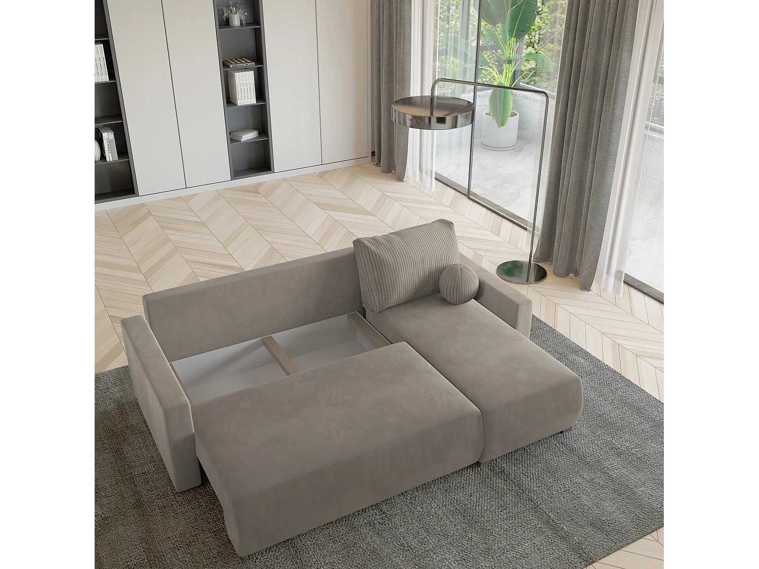 Hoekbank SORGE van fluweel met slaapfunctie Beige