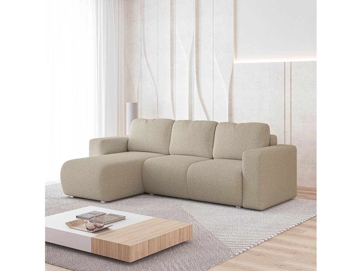 Hoekbank RINOVA van fluweel met slaapfunctie Beige