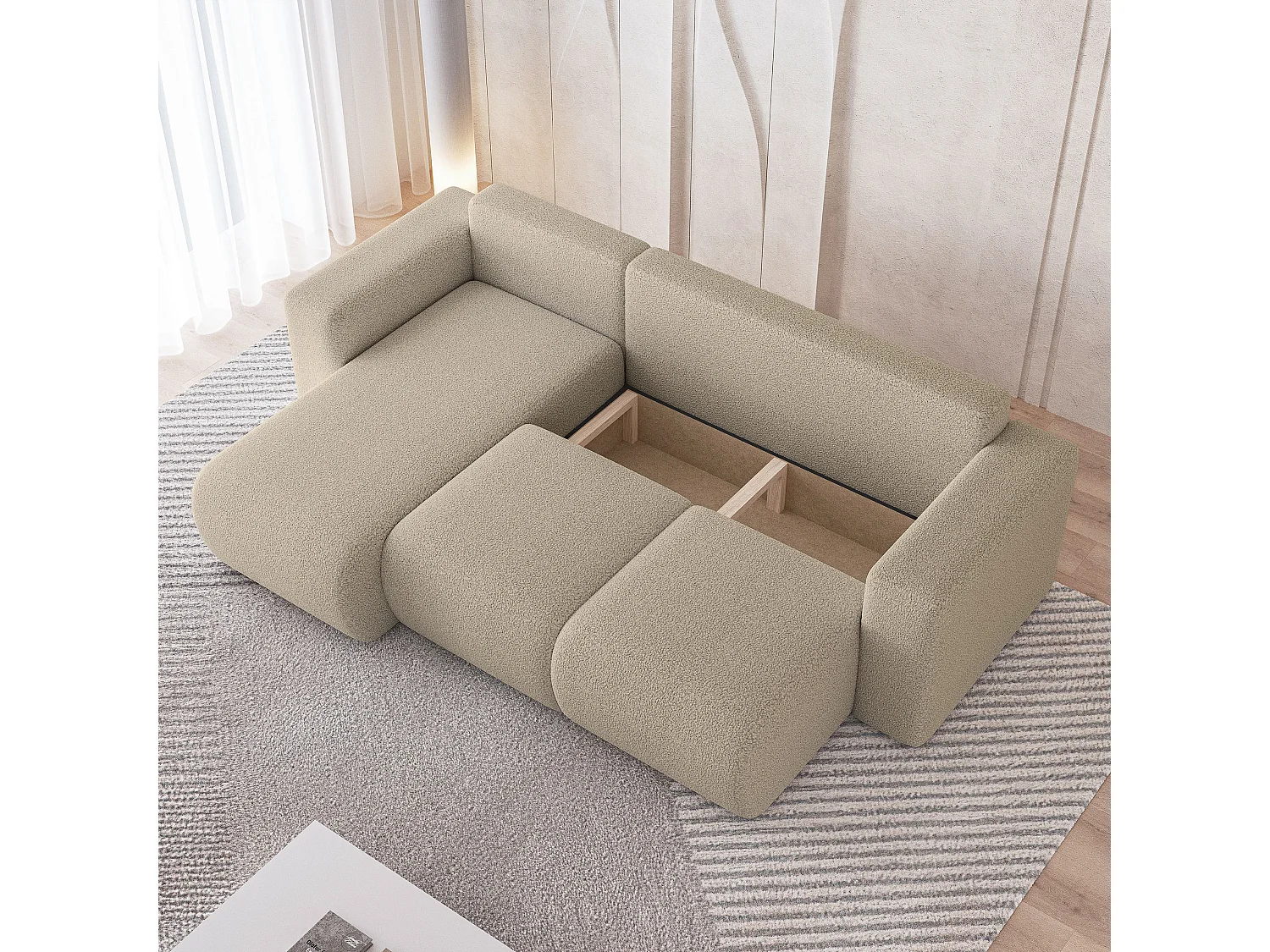 Hoekbank RINOVA van fluweel met slaapfunctie Beige