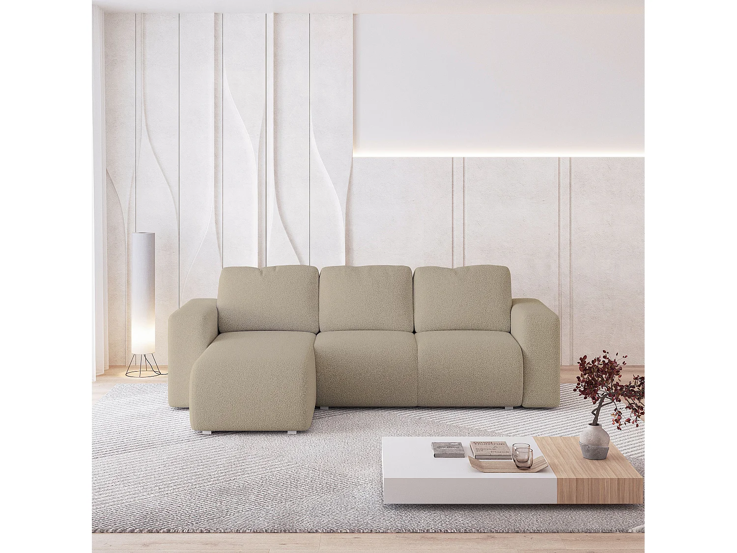 Hoekbank RINOVA van fluweel met slaapfunctie Beige