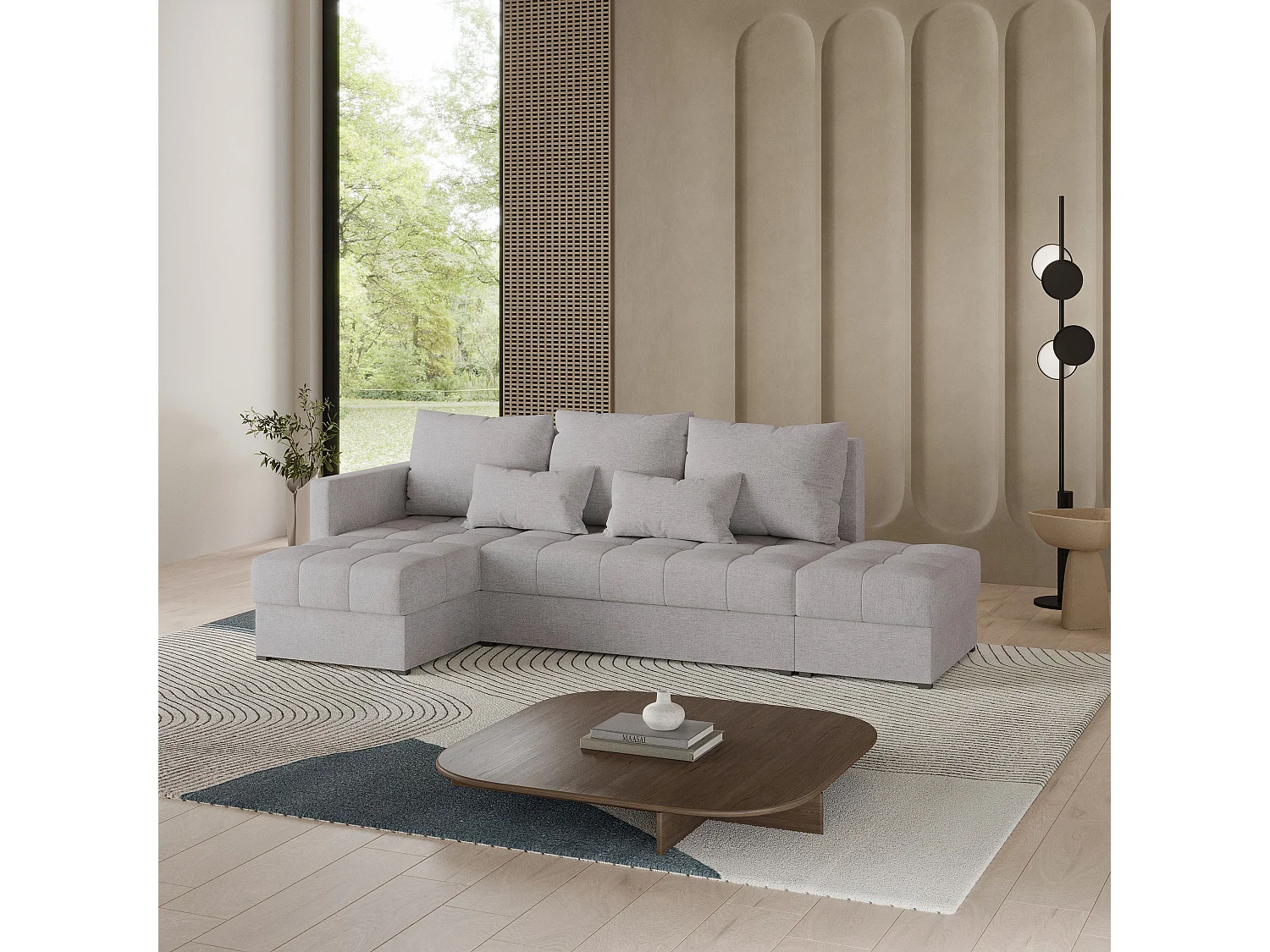 Canapé d'angle LUMARI en velours avec fonction couchage Gris clair