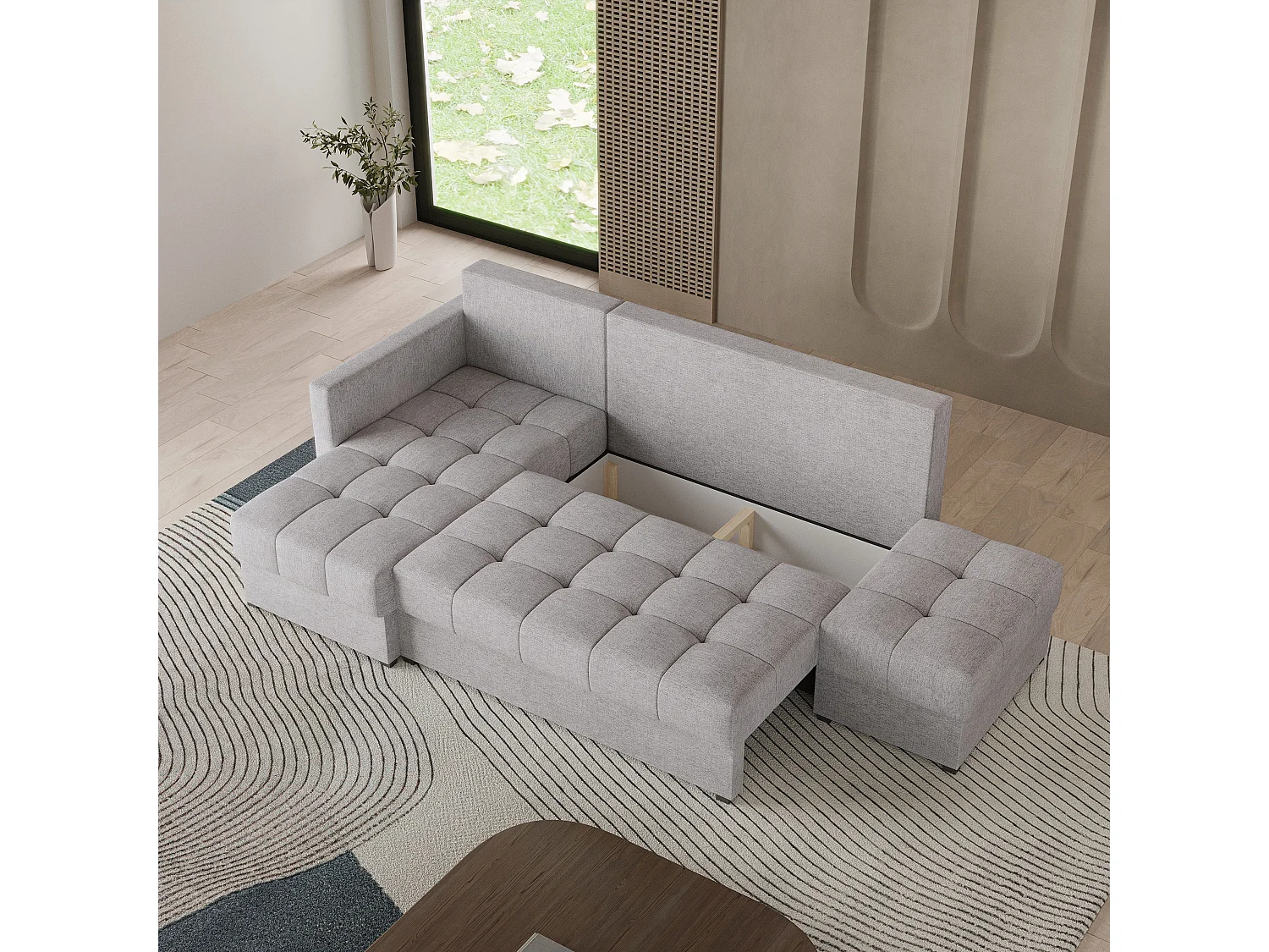 Canapé d'angle LUMARI en velours avec fonction couchage Gris clair