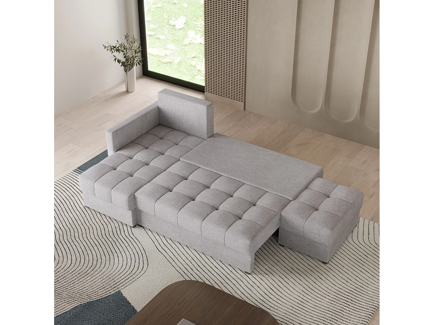 Canapé d'angle LUMARI en velours avec fonction couchage Gris clair