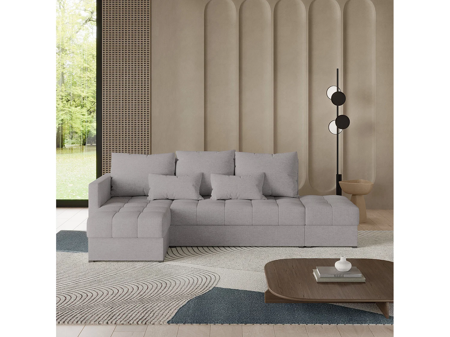 Canapé d'angle LUMARI en velours avec fonction couchage Gris clair