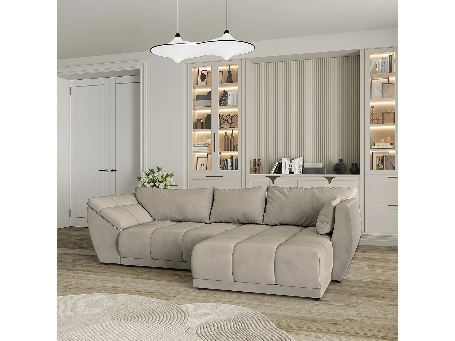 Canapé d'angle ORENTI en velours avec fonction couchage Beige