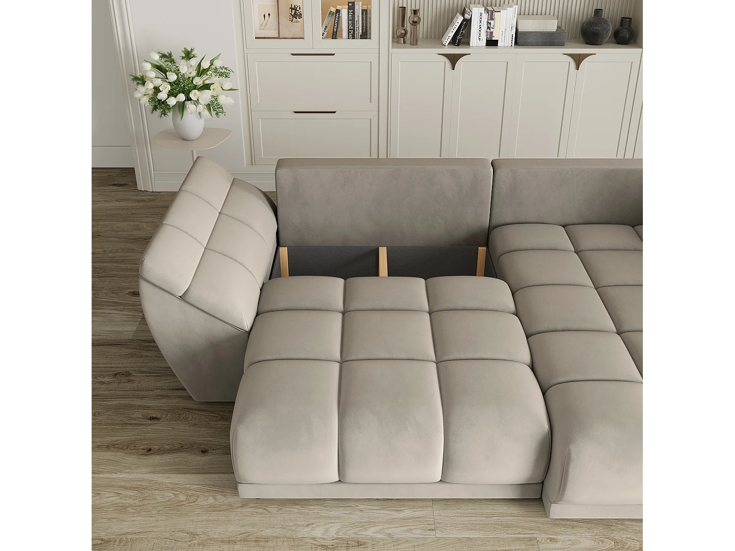 Canapé d'angle ORENTI en velours avec fonction couchage Beige