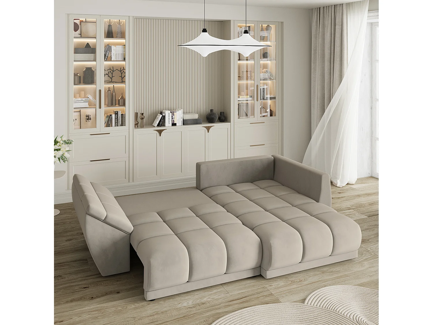 Canapé d'angle ORENTI en velours avec fonction couchage Beige