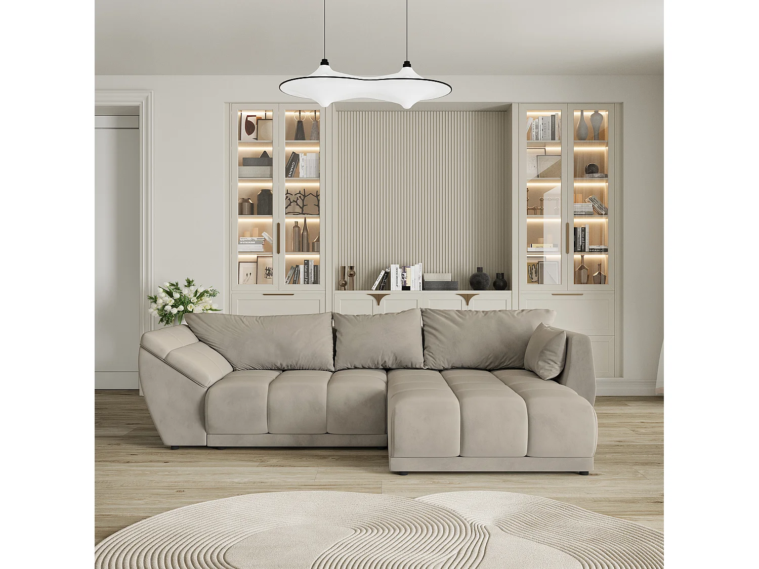 Canapé d'angle ORENTI en velours avec fonction couchage Beige