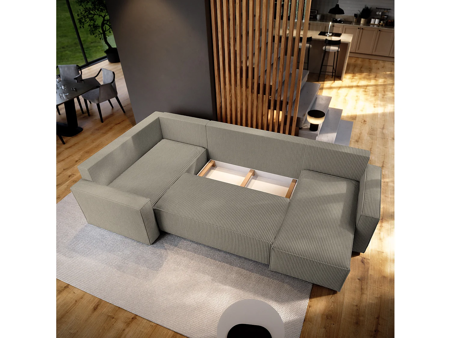 Hoekbank NORENA van fluweel met slaapfunctie Beige