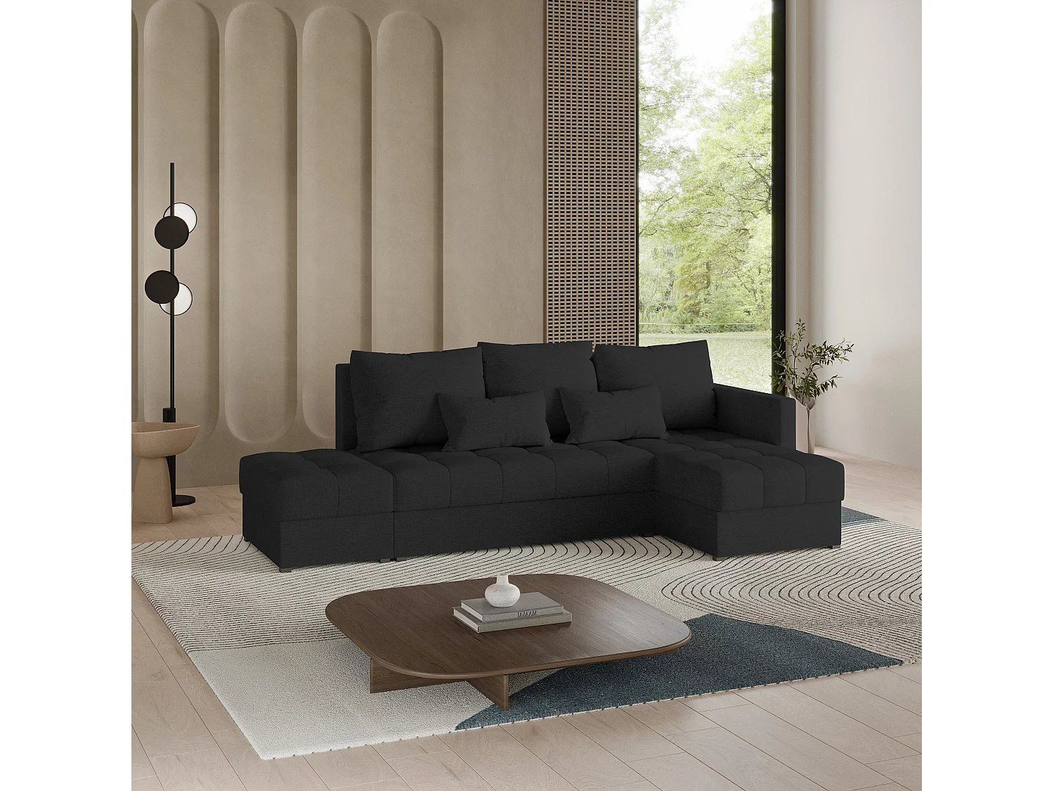 Canapé d'angle LUMARI en velours avec fonction couchage Noir