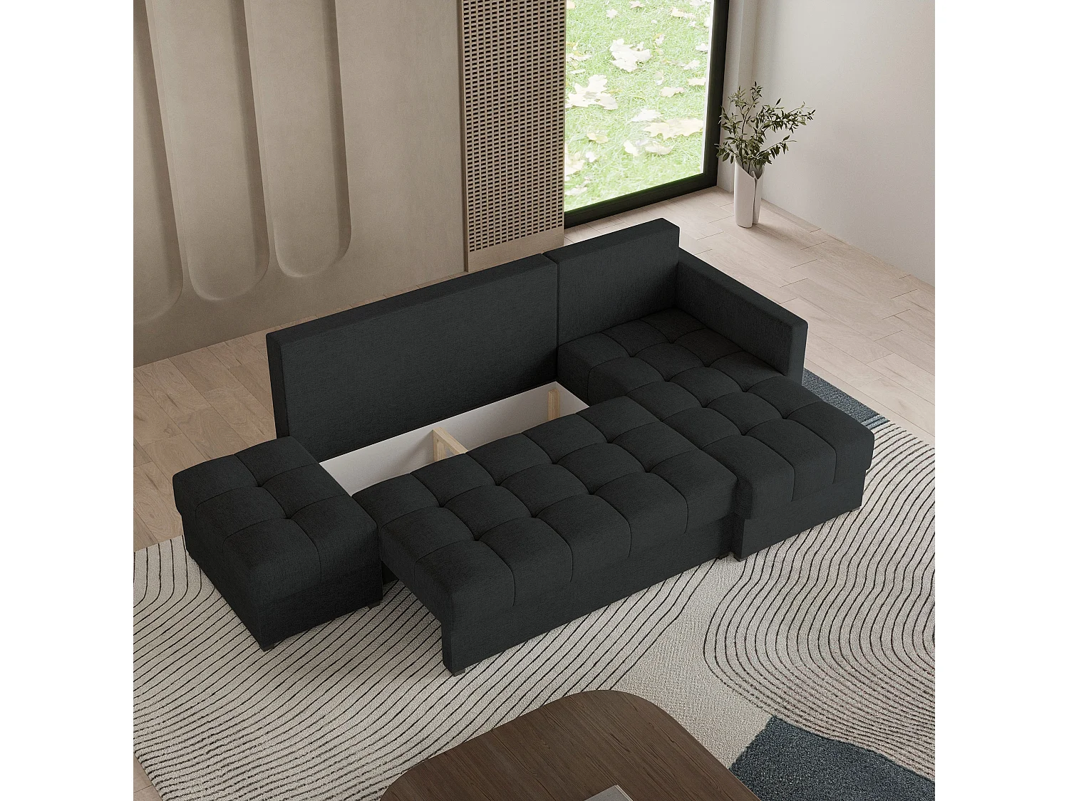Canapé d'angle LUMARI en velours avec fonction couchage Noir