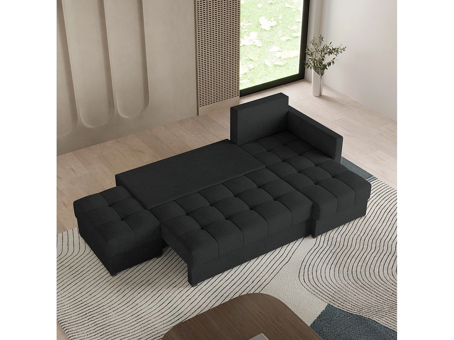 Canapé d'angle LUMARI en velours avec fonction couchage Noir