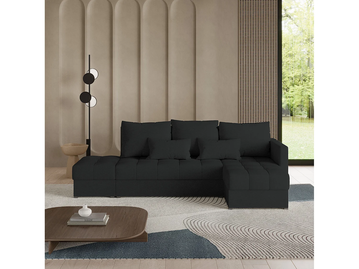 Canapé d'angle LUMARI en velours avec fonction couchage Noir