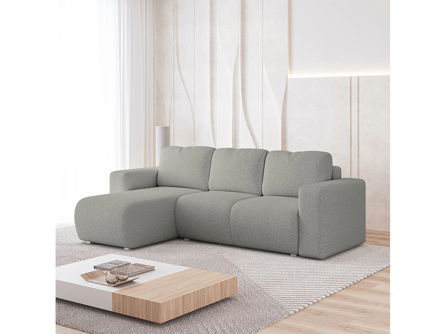 Canapé d'angle RINOVA en velours avec fonction couchage Gris clair