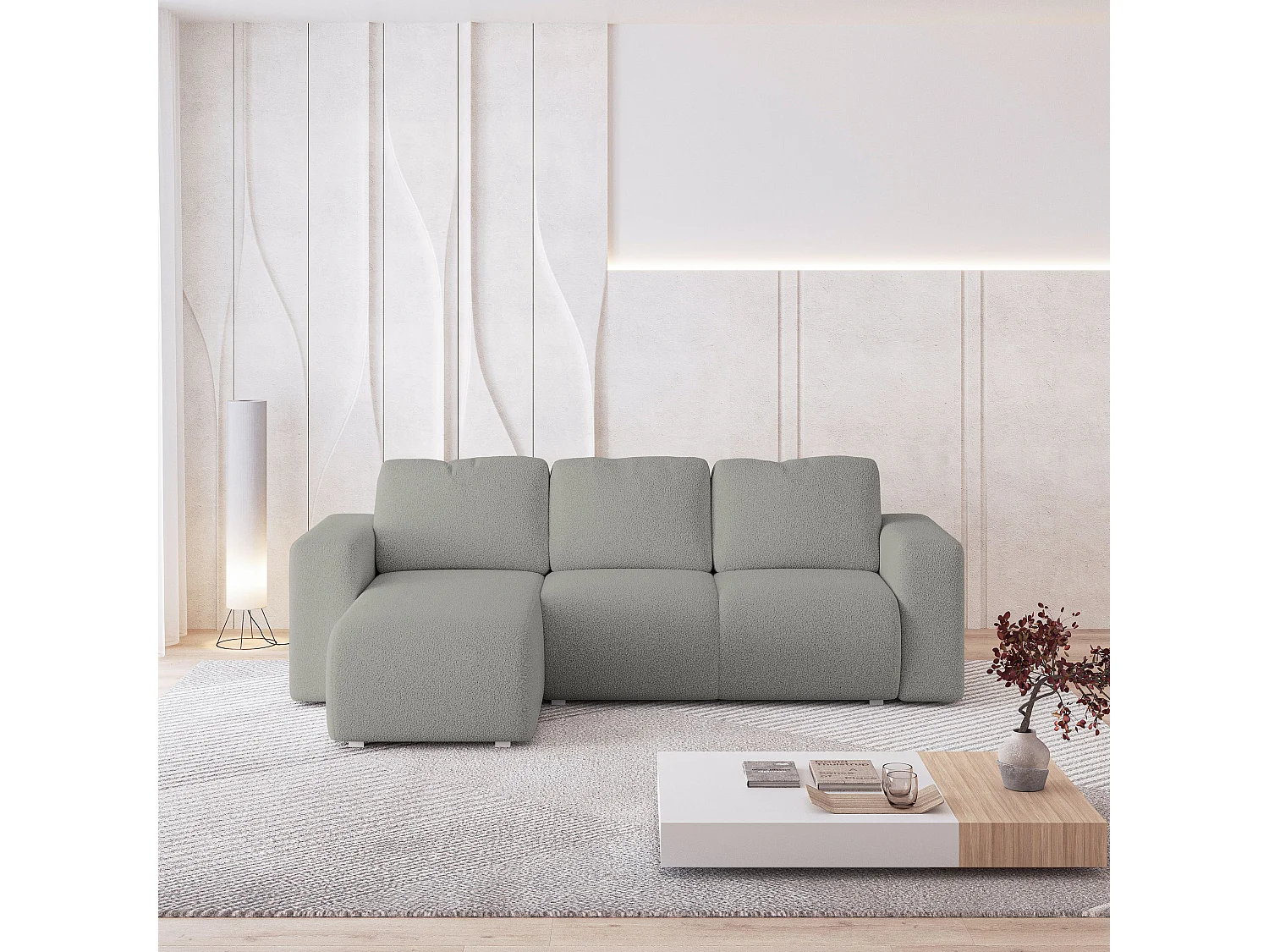 Canapé d'angle RINOVA en velours avec fonction couchage Gris clair