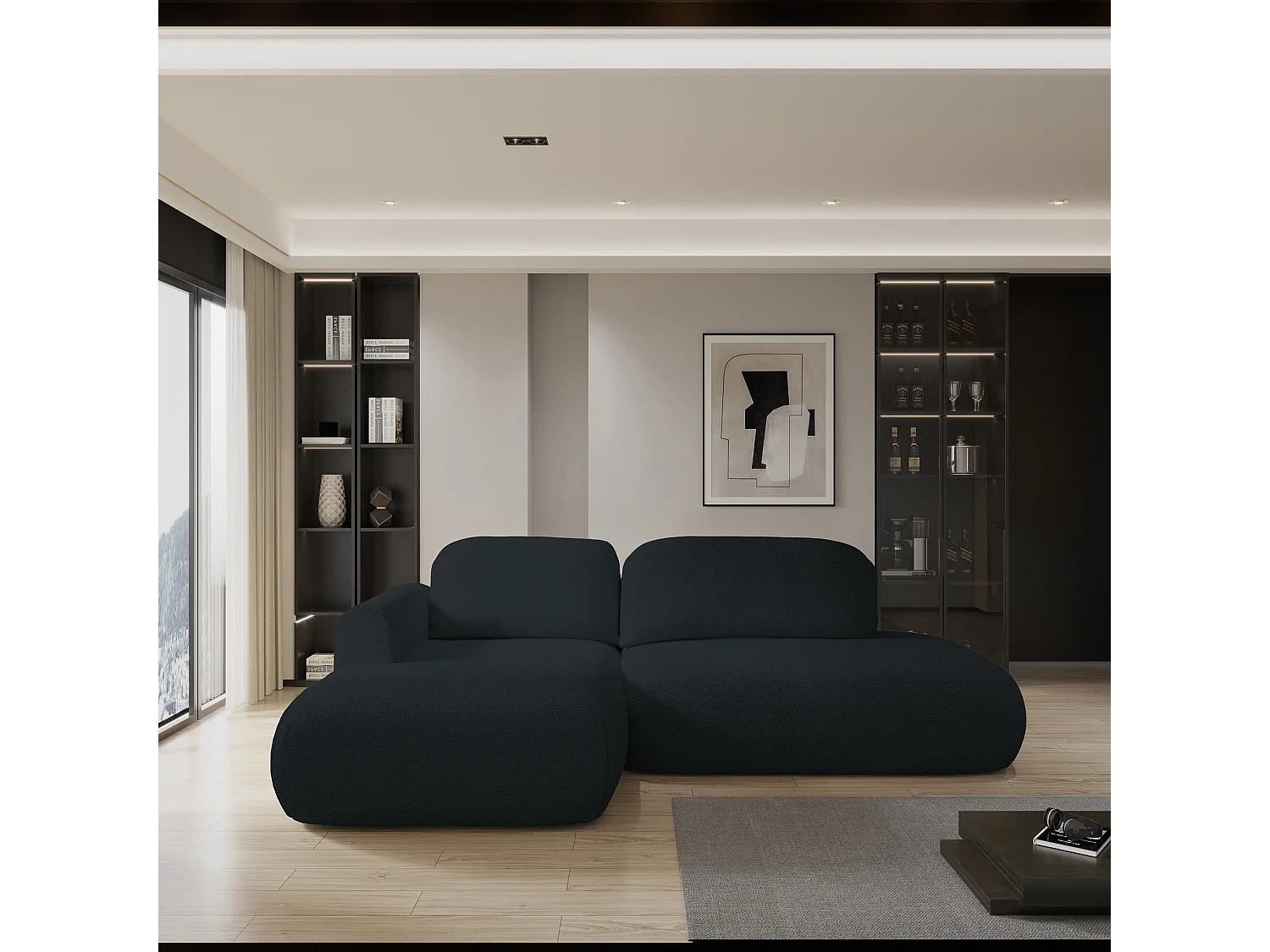 Canapé d'angle NUVIRA, avec fonction de couchage, bouclé Noir