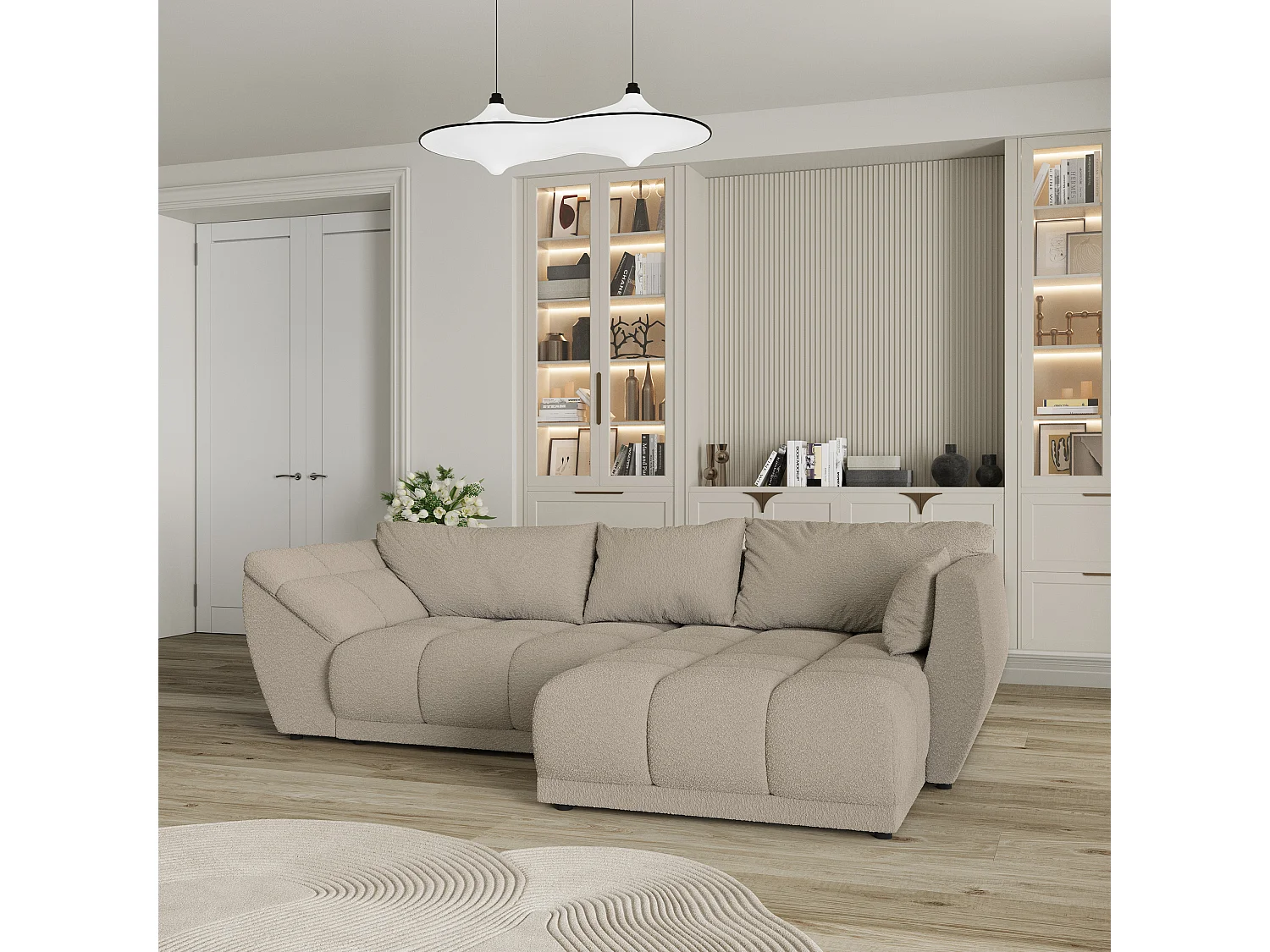 Hoekbank ORENTI van fluweel met slaapfunctie Beige