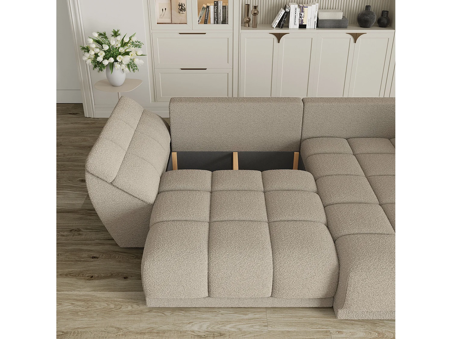 Hoekbank ORENTI van fluweel met slaapfunctie Beige