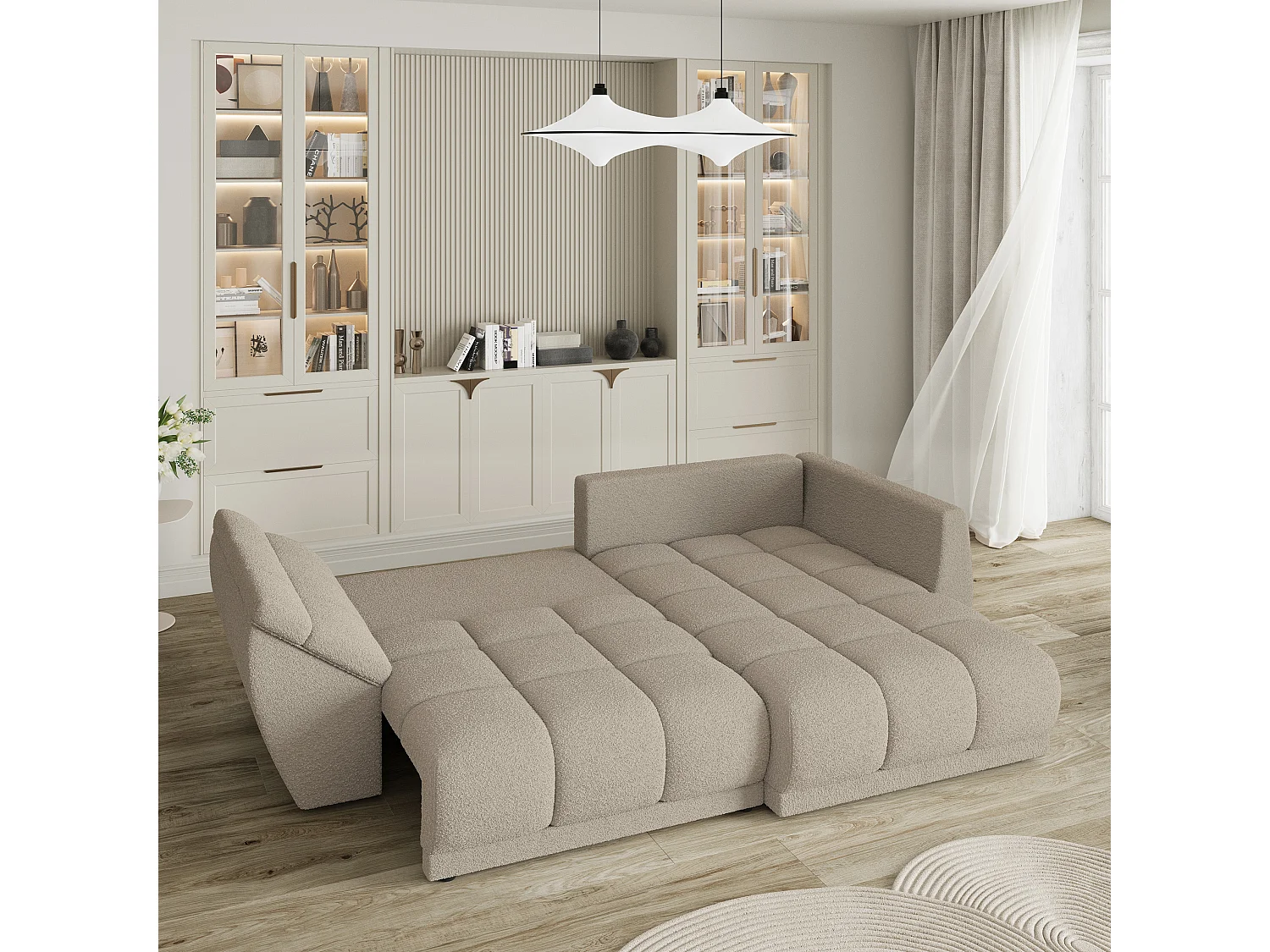 Hoekbank ORENTI van fluweel met slaapfunctie Beige
