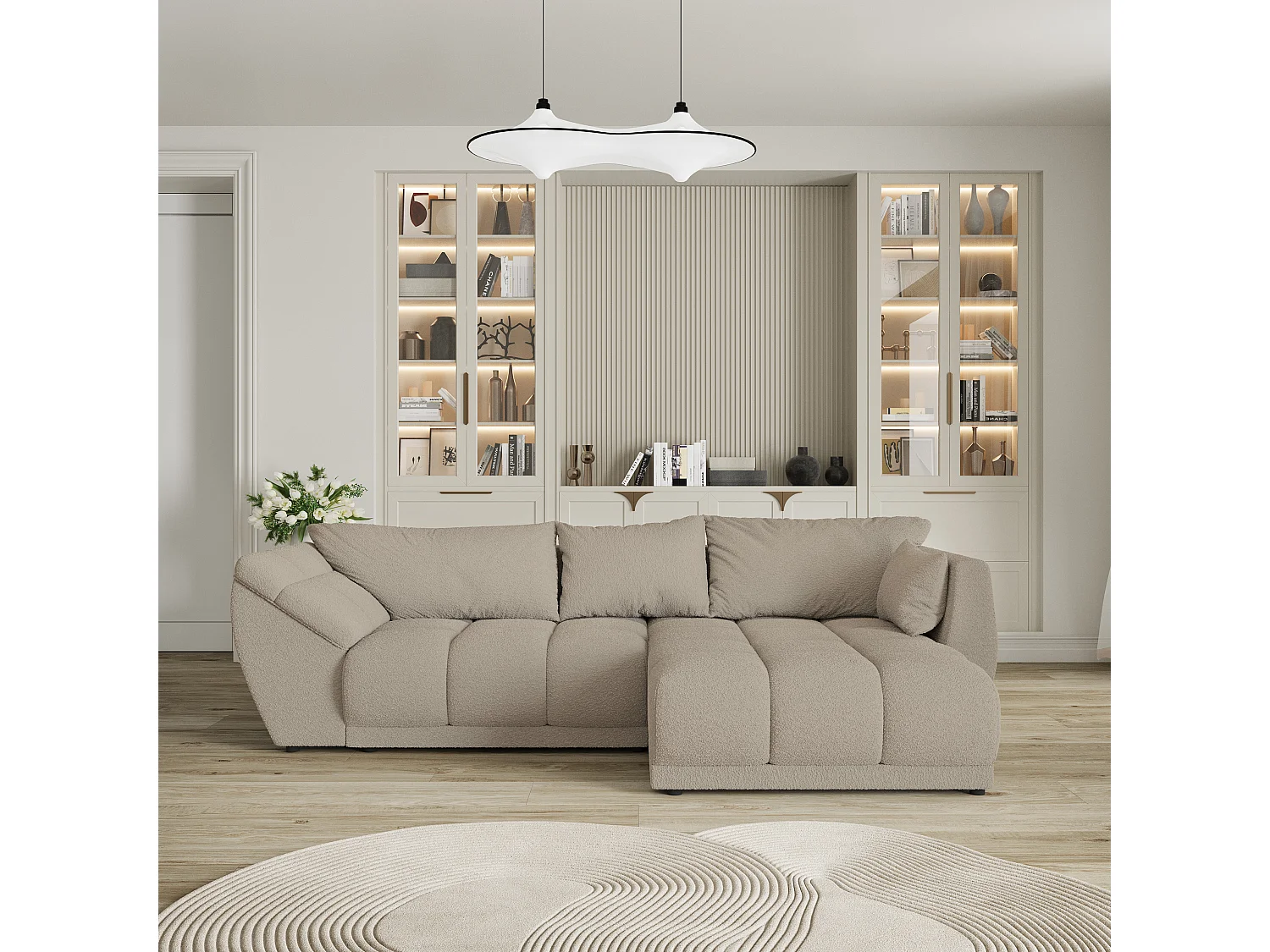 Hoekbank ORENTI van fluweel met slaapfunctie Beige