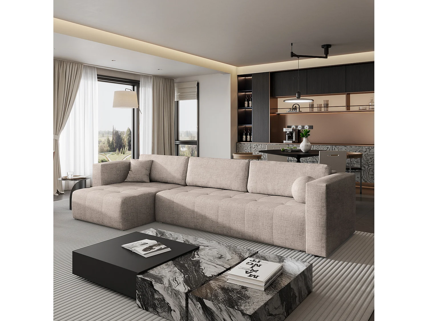 Hoekbank OLVERA van fluweel met slaapfunctie Beige