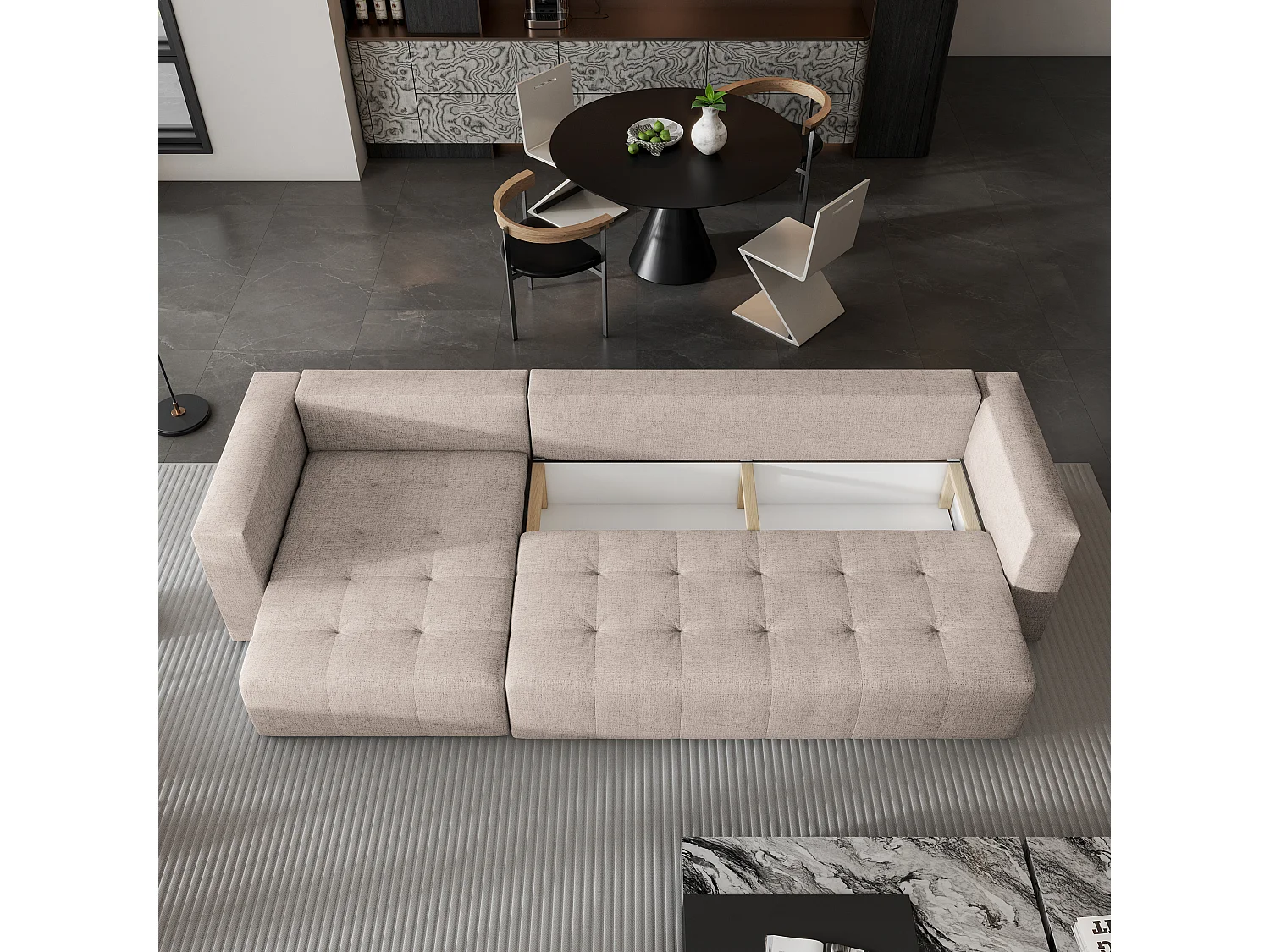 Hoekbank OLVERA van fluweel met slaapfunctie Beige
