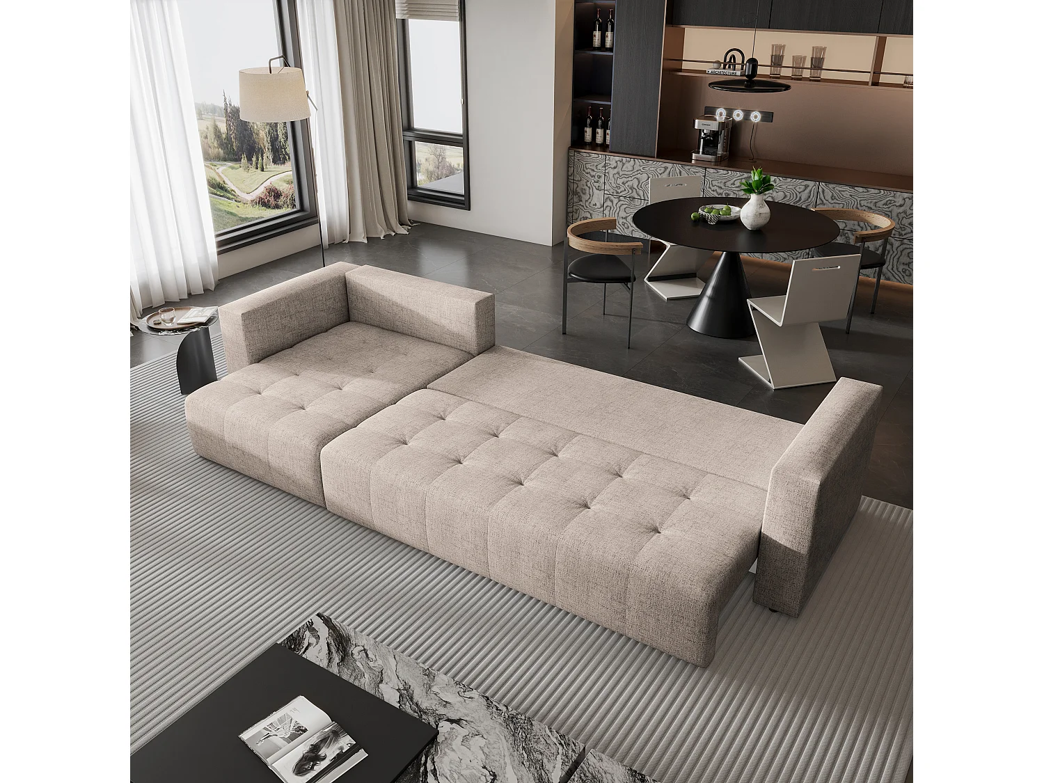 Hoekbank OLVERA van fluweel met slaapfunctie Beige