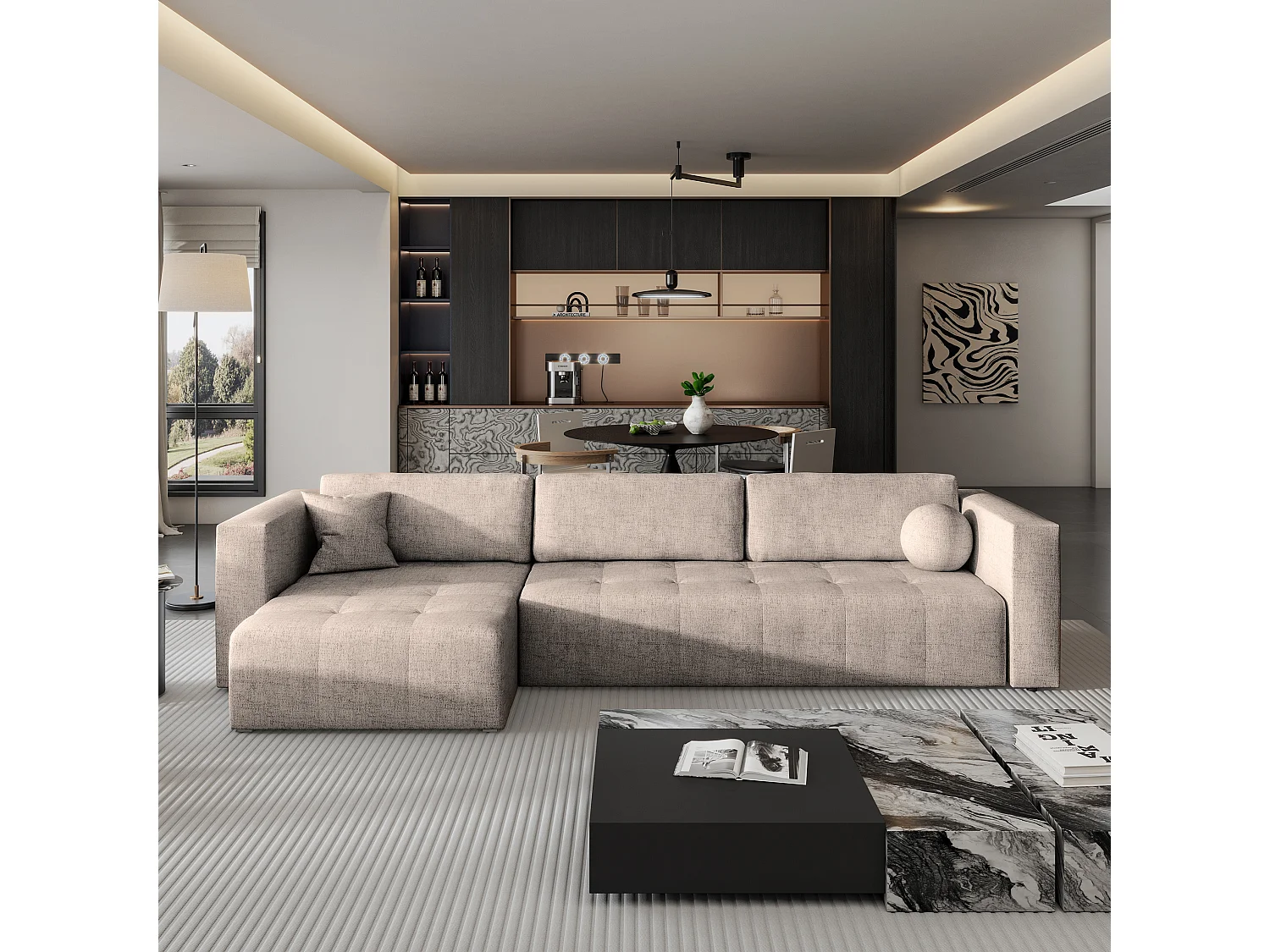 Hoekbank OLVERA van fluweel met slaapfunctie Beige
