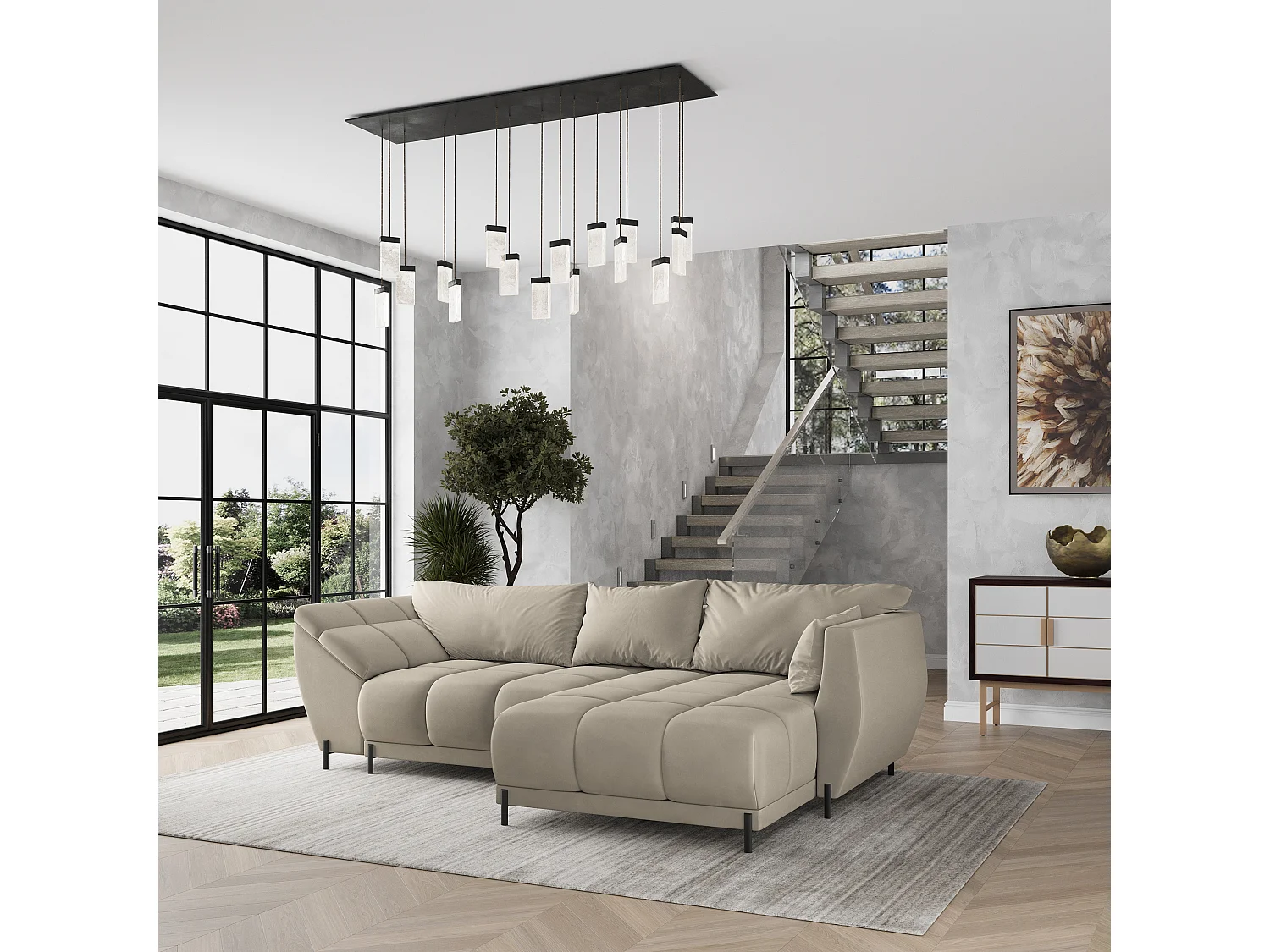 Hoekbank VESTANO van fluweel met slaapfunctie Beige