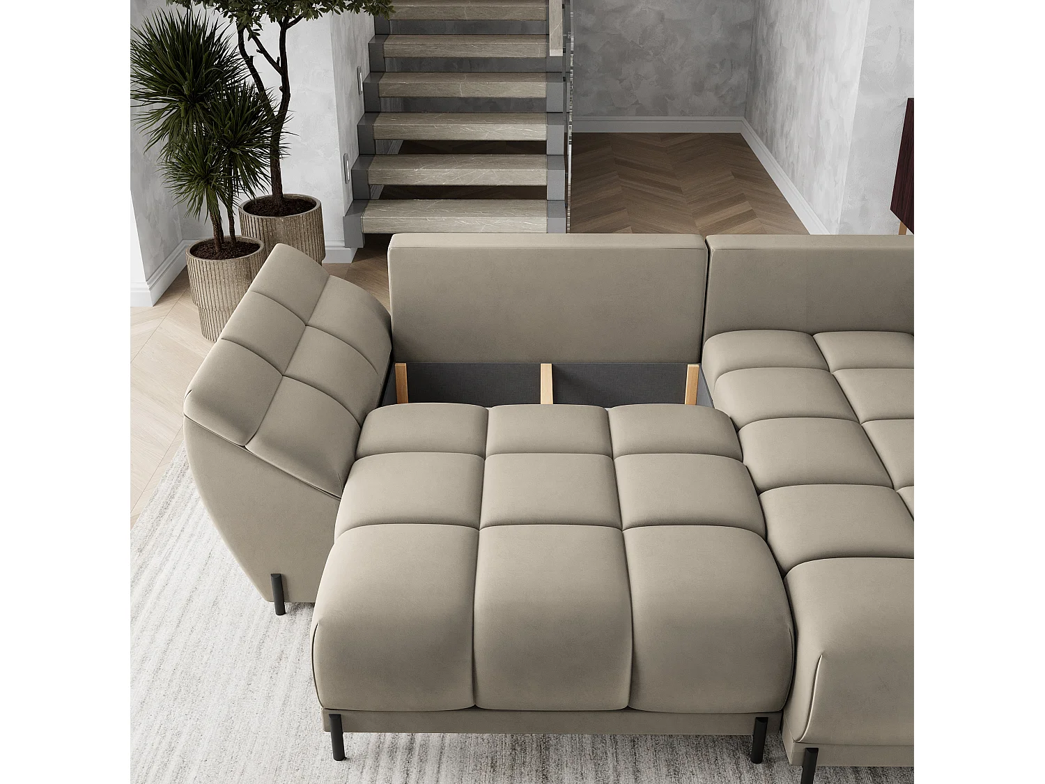 Hoekbank VESTANO van fluweel met slaapfunctie Beige