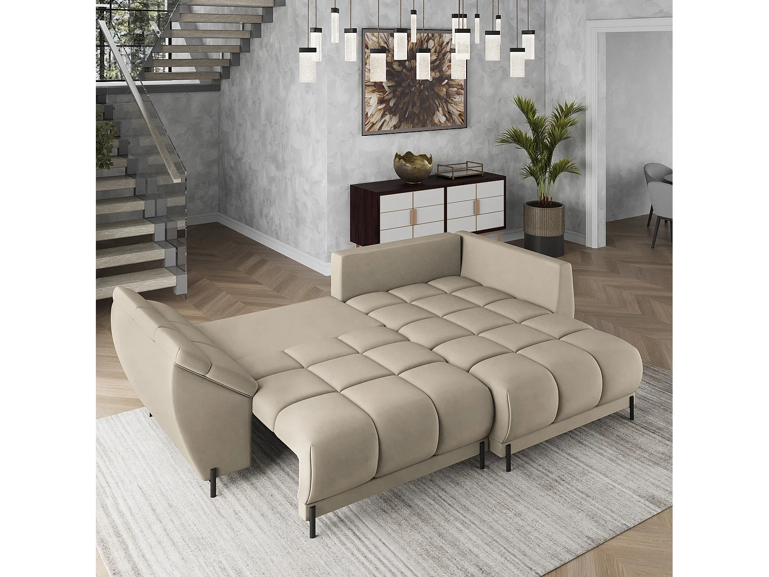 Hoekbank VESTANO van fluweel met slaapfunctie Beige