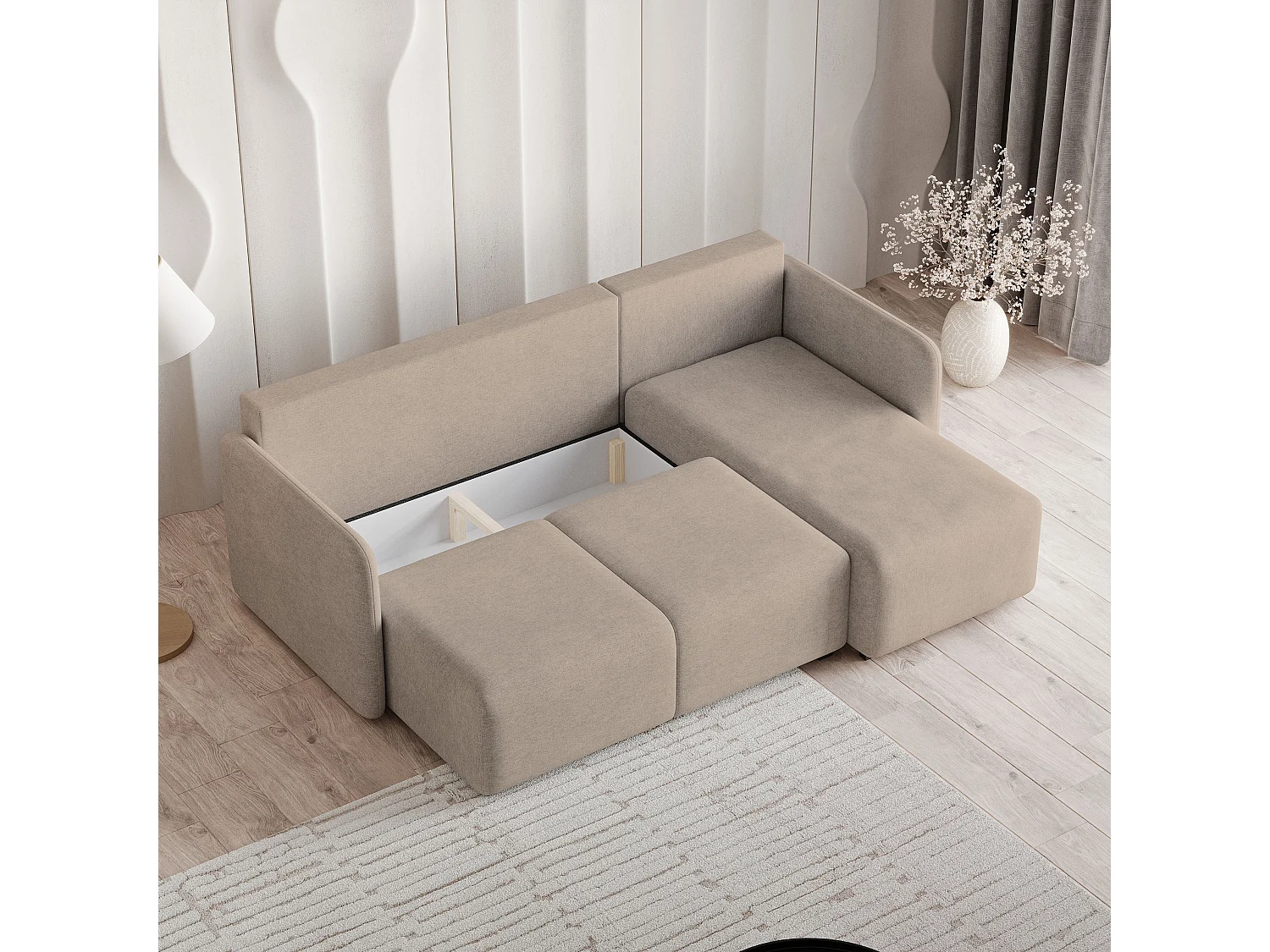 Hoekbank SUVINO van fluweel met slaapfunctie Beige
