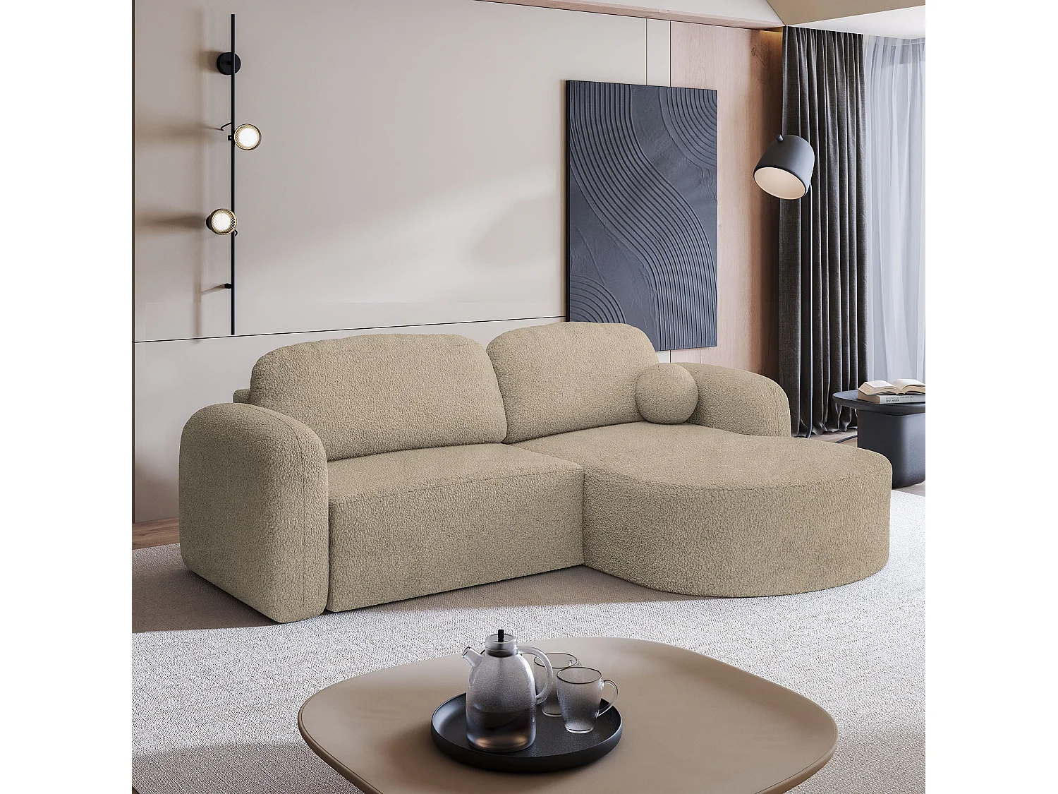 Hoekbank AMILIA van fluweel met slaapfunctie Beige