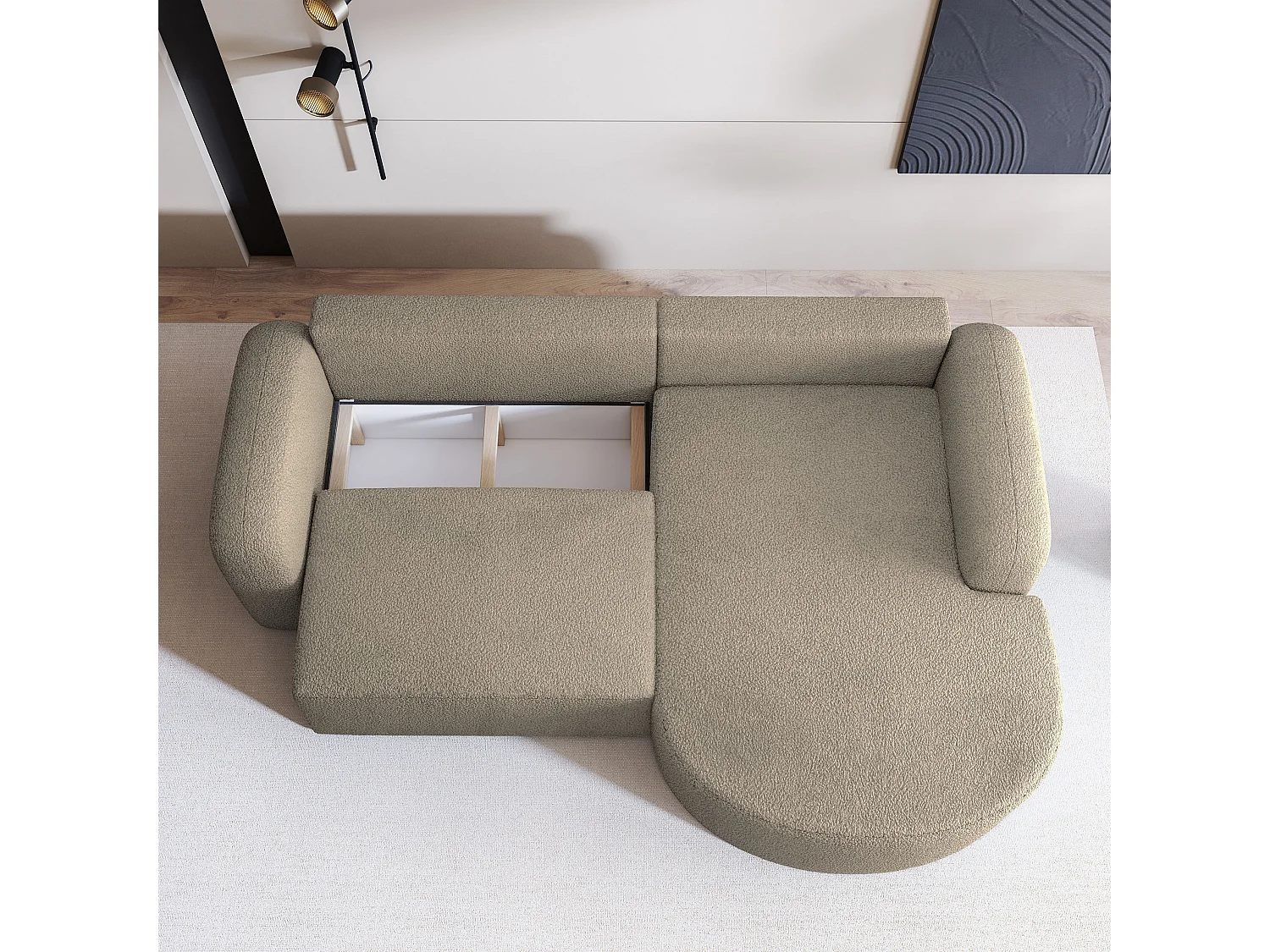 Hoekbank AMILIA van fluweel met slaapfunctie Beige