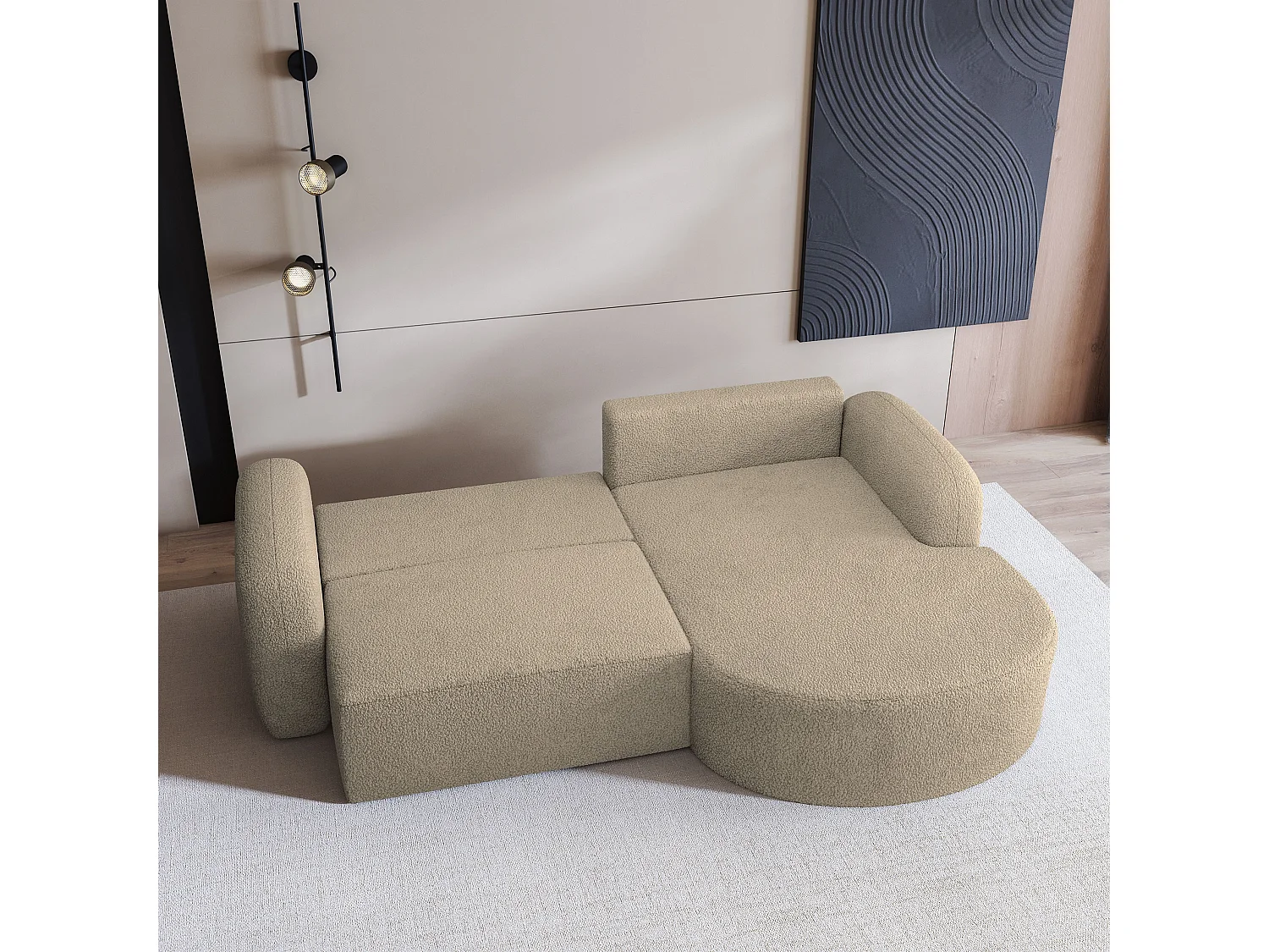 Hoekbank AMILIA van fluweel met slaapfunctie Beige