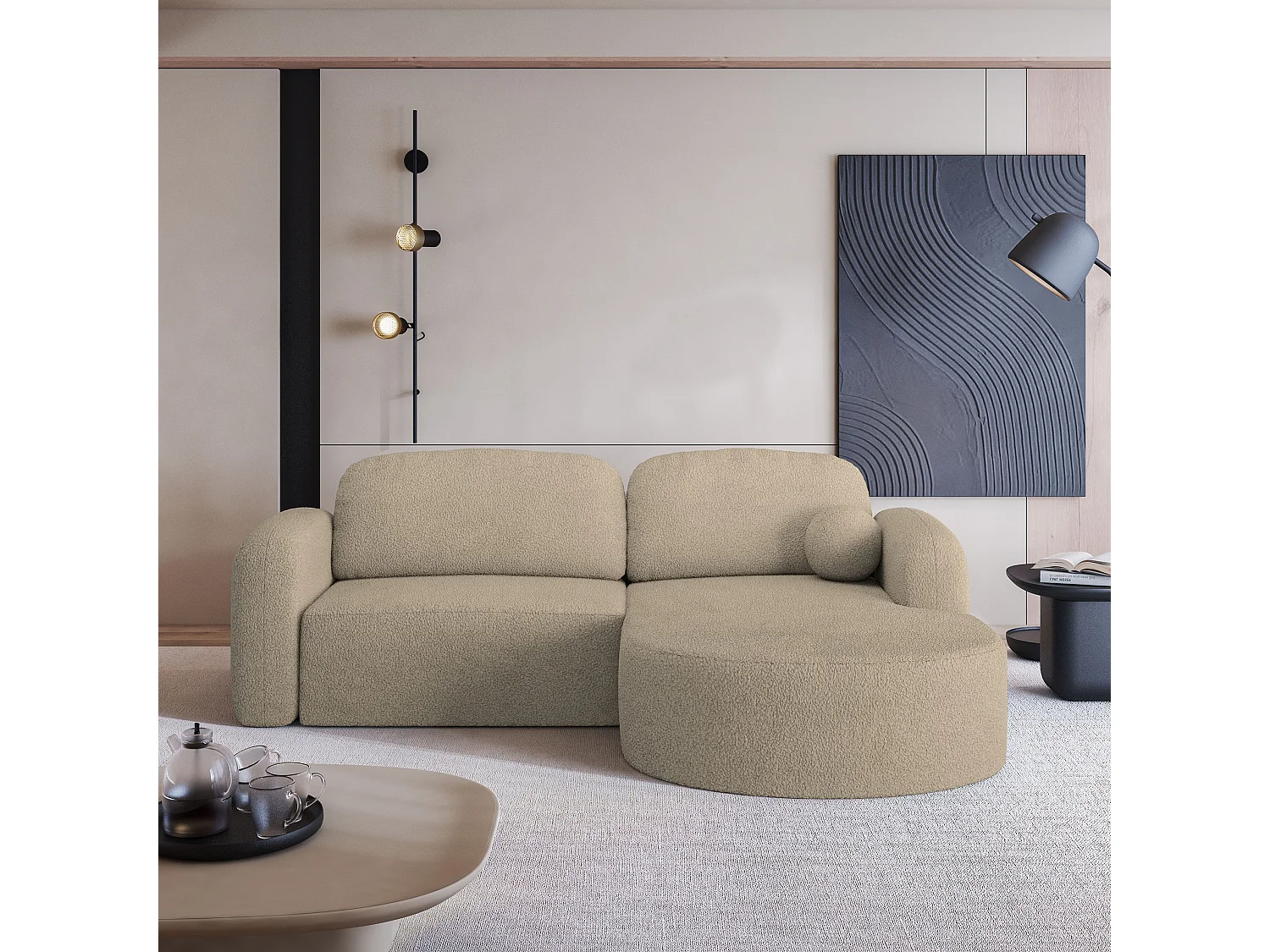 Hoekbank AMILIA van fluweel met slaapfunctie Beige