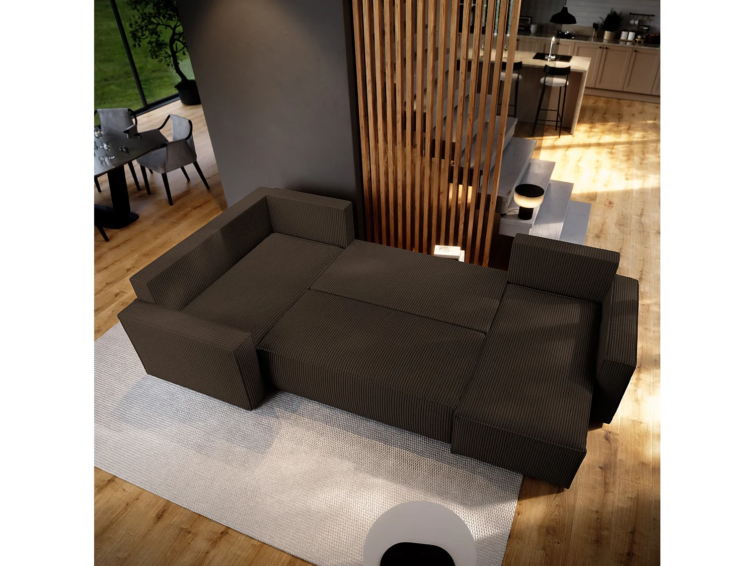 Hoekbank NORENA van fluweel met slaapfunctie Braun