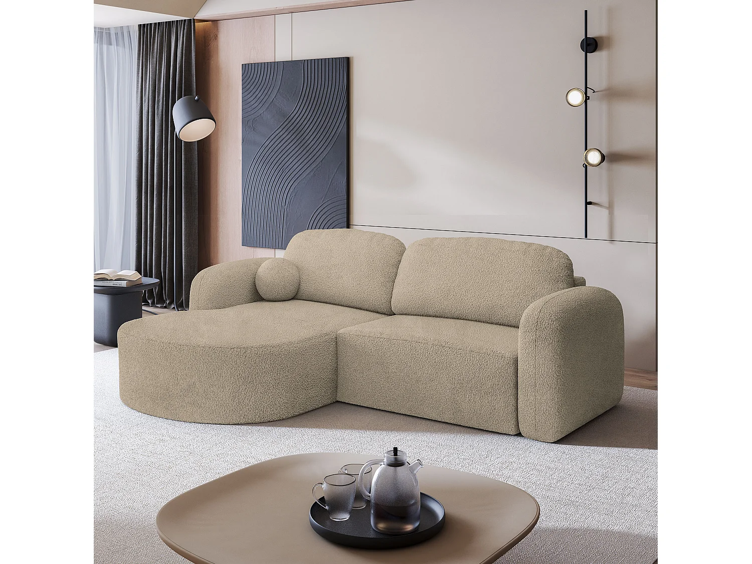 Hoekbank AMILIA van fluweel met slaapfunctie Beige