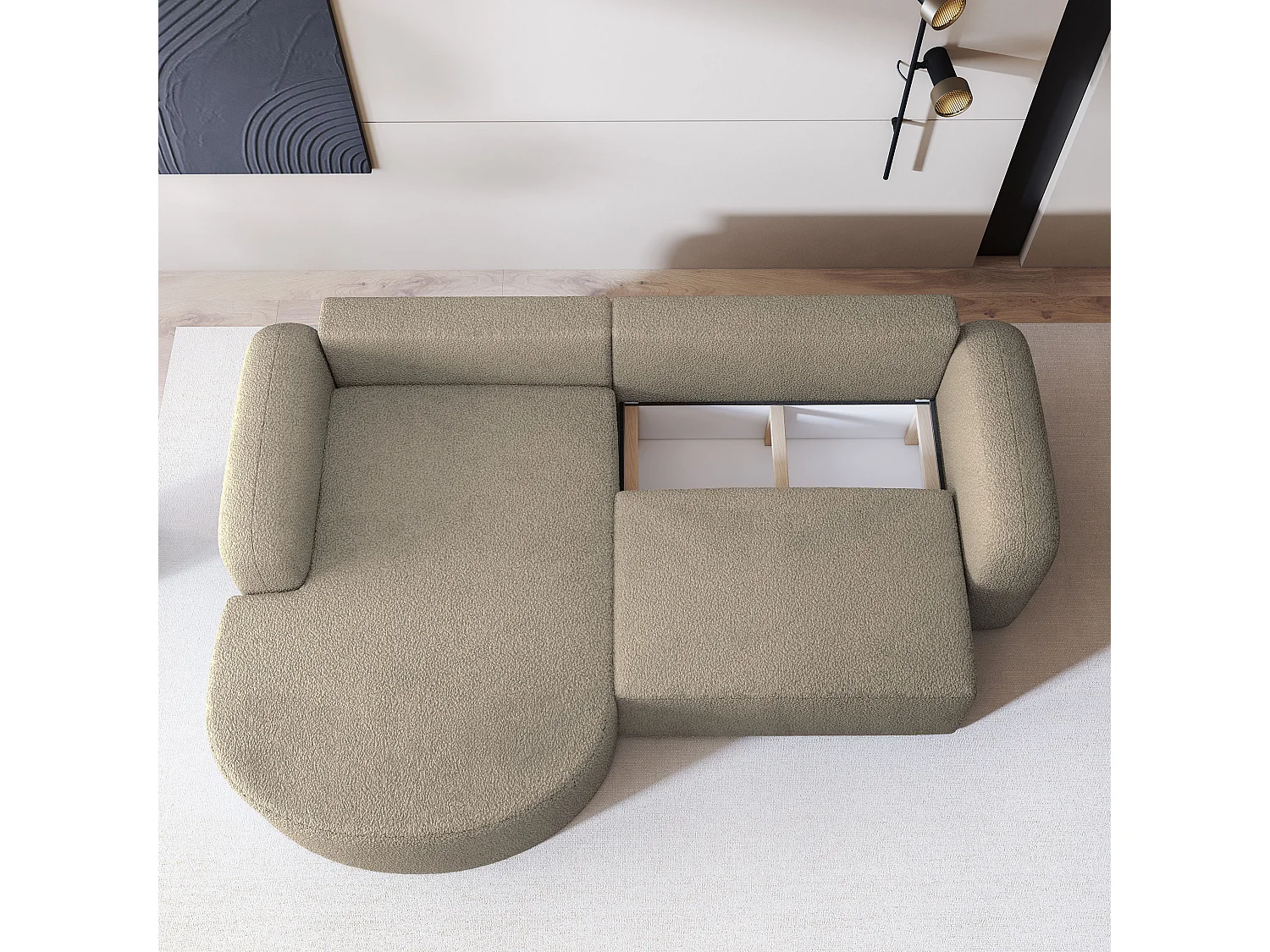 Hoekbank AMILIA van fluweel met slaapfunctie Beige