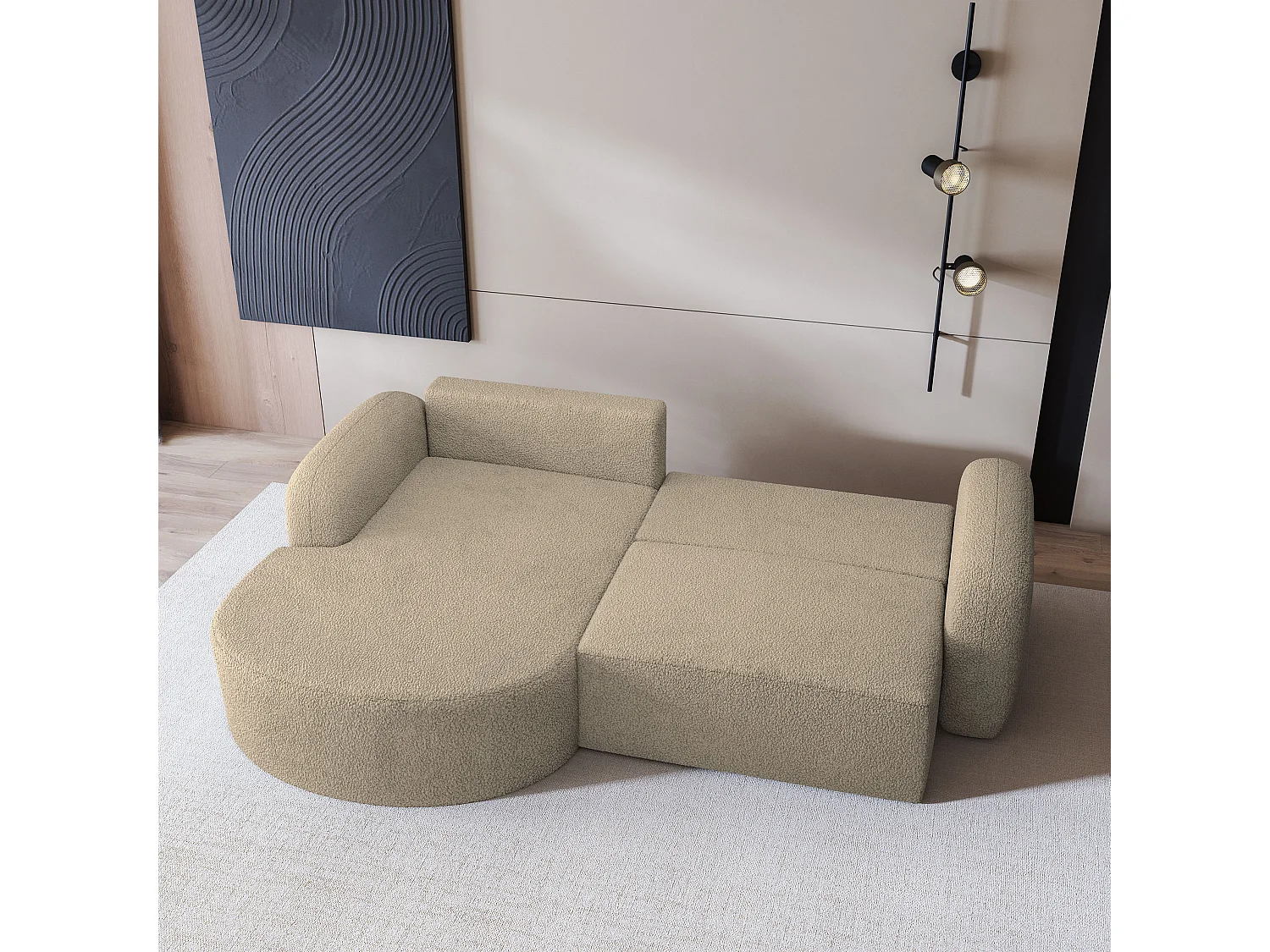 Hoekbank AMILIA van fluweel met slaapfunctie Beige